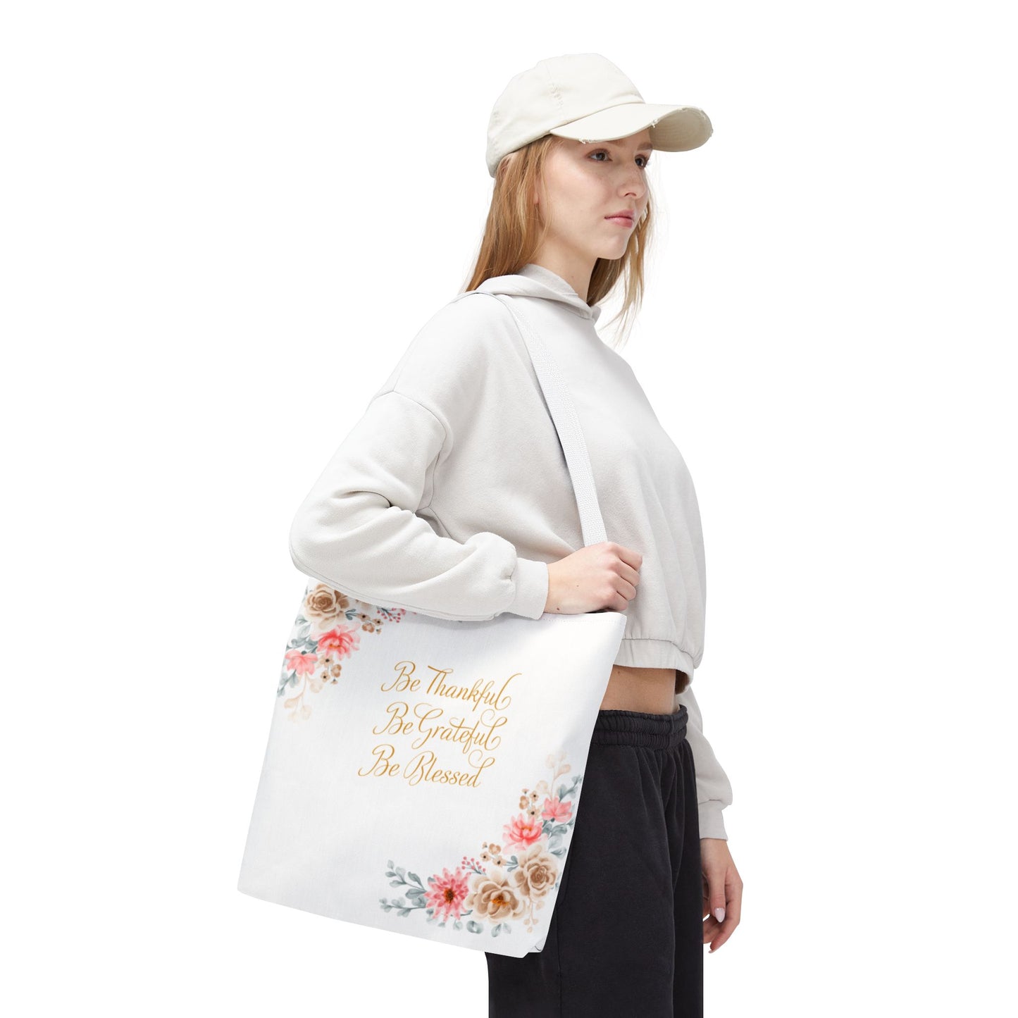 Floral Inspirational Tote Bag - Be Thankful, Grateful, Blessed
