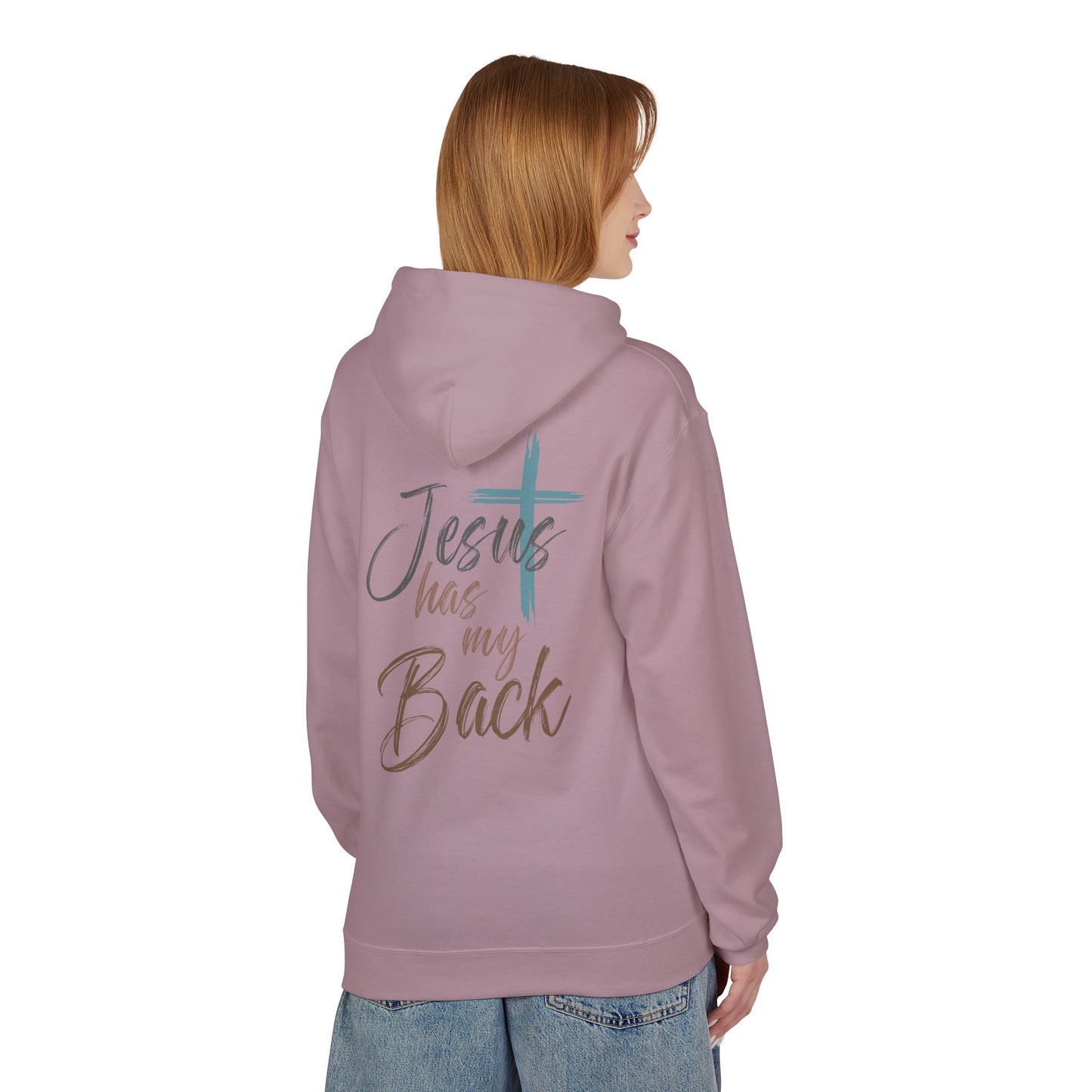 unisex Christian Hoodie — "Jesus Has My Back" Cross & Heart Faith Pullover