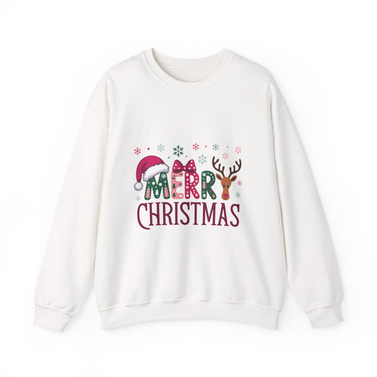 Christmas Crewneck Sweatshirt — Festive "Merry Christmas" Reindeer & Santa Hat Design
