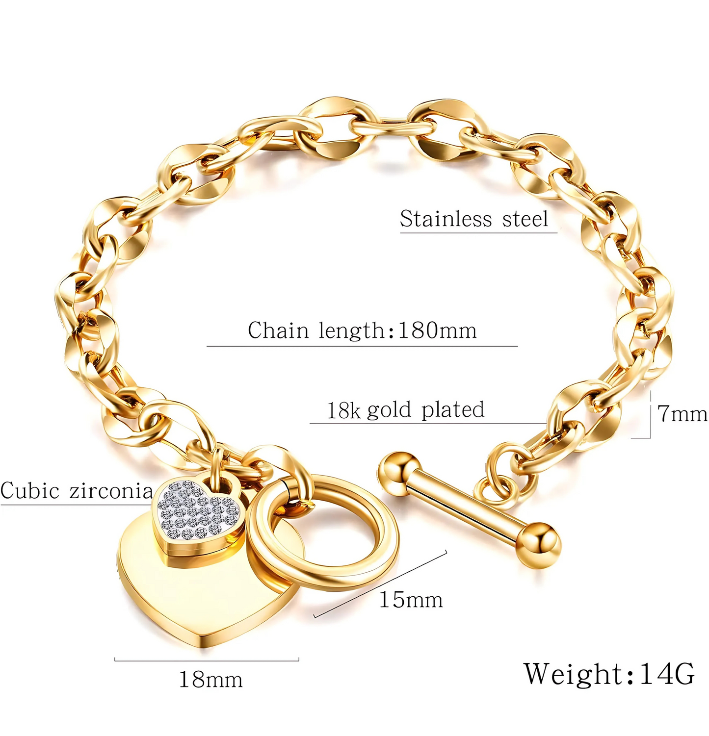 Pulsera de Encanto de Corazón de Amor de Acero Inoxidable para Mujeres Regalo Romántico Plateado/Rosa/Oro de 18k con Cierre OT (oro de 18k-1)