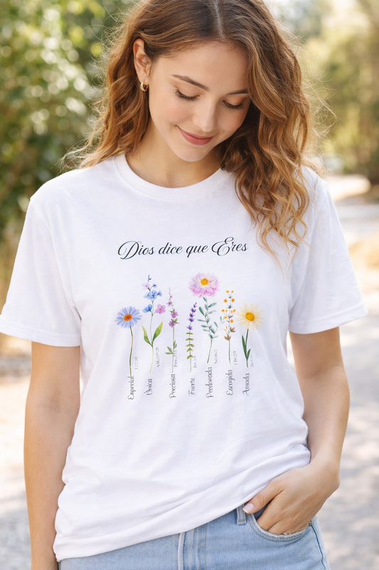 Camiseta Cristiana “Dios Dice que Eres” – Inspiración Bíblica con Flores