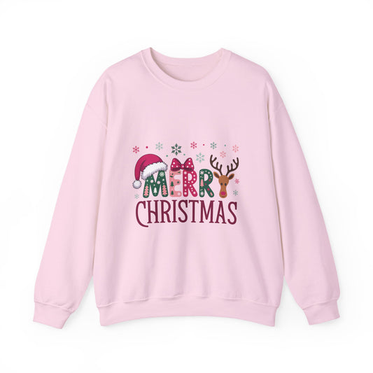 Christmas Crewneck Sweatshirt — Festive "Merry Christmas" Reindeer & Santa Hat Design