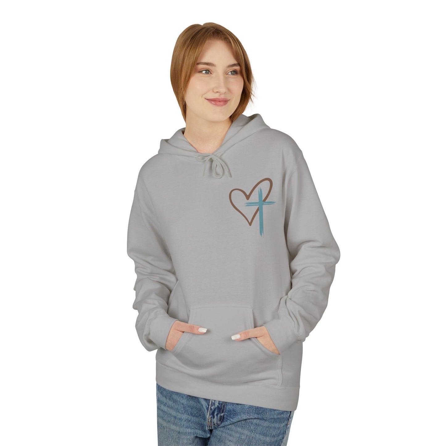 unisex Christian Hoodie — "Jesus Has My Back" Cross & Heart Faith Pullover