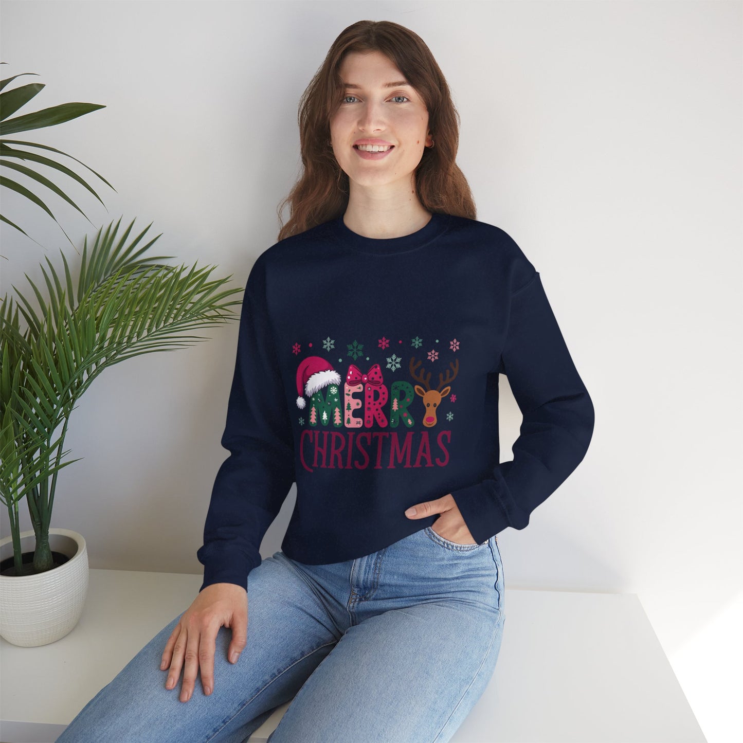 Christmas Crewneck Sweatshirt — Festive "Merry Christmas" Reindeer & Santa Hat Design
