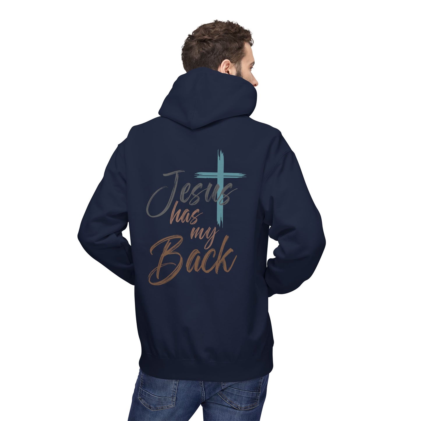 unisex Christian Hoodie — "Jesus Has My Back" Cross & Heart Faith Pullover