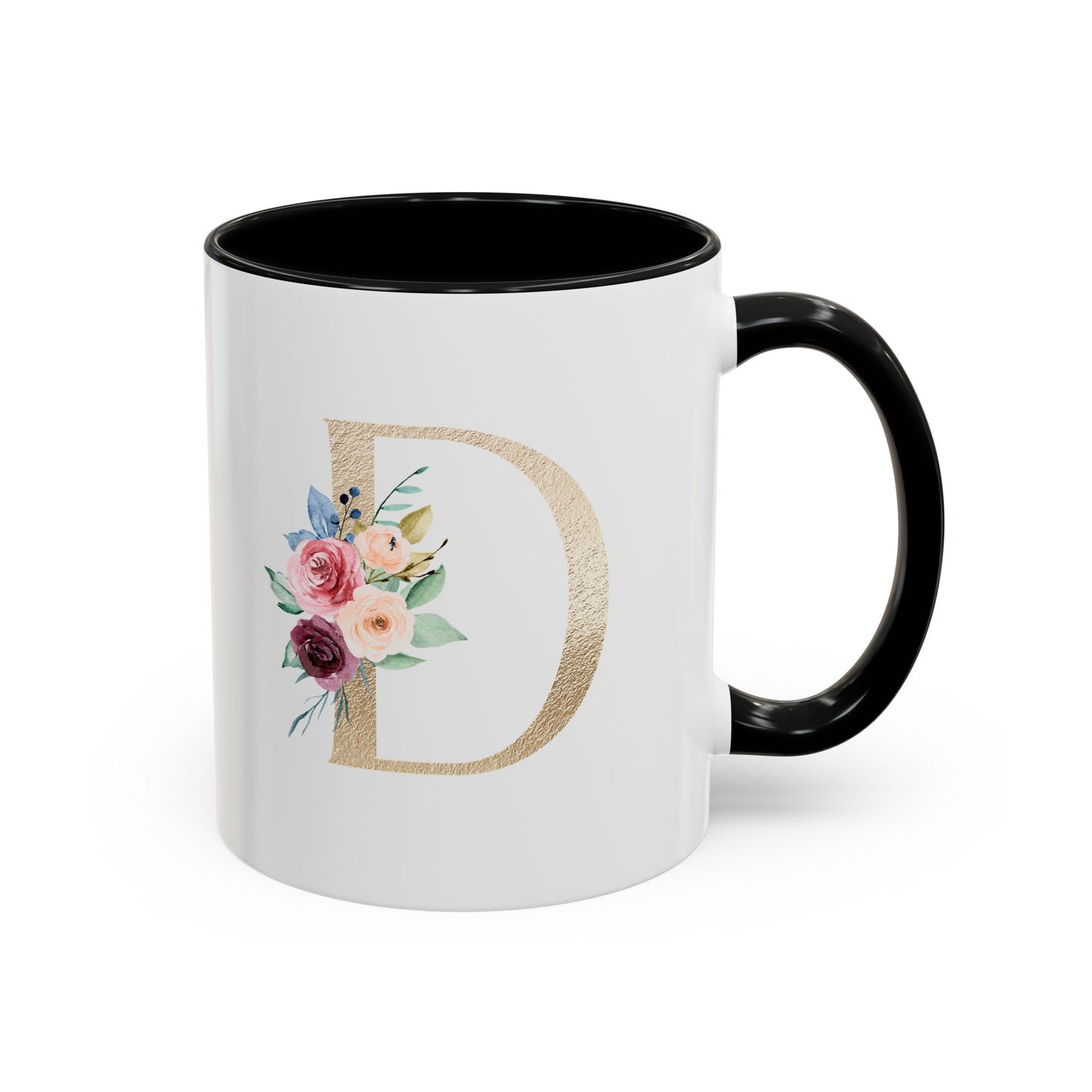 Taza Personalizada con Inicial Floral – Letra D | Regalo Elegante Personalized Initial 'D'  Floral Gold Monogram  Coffee Mug- Ceramic Cup