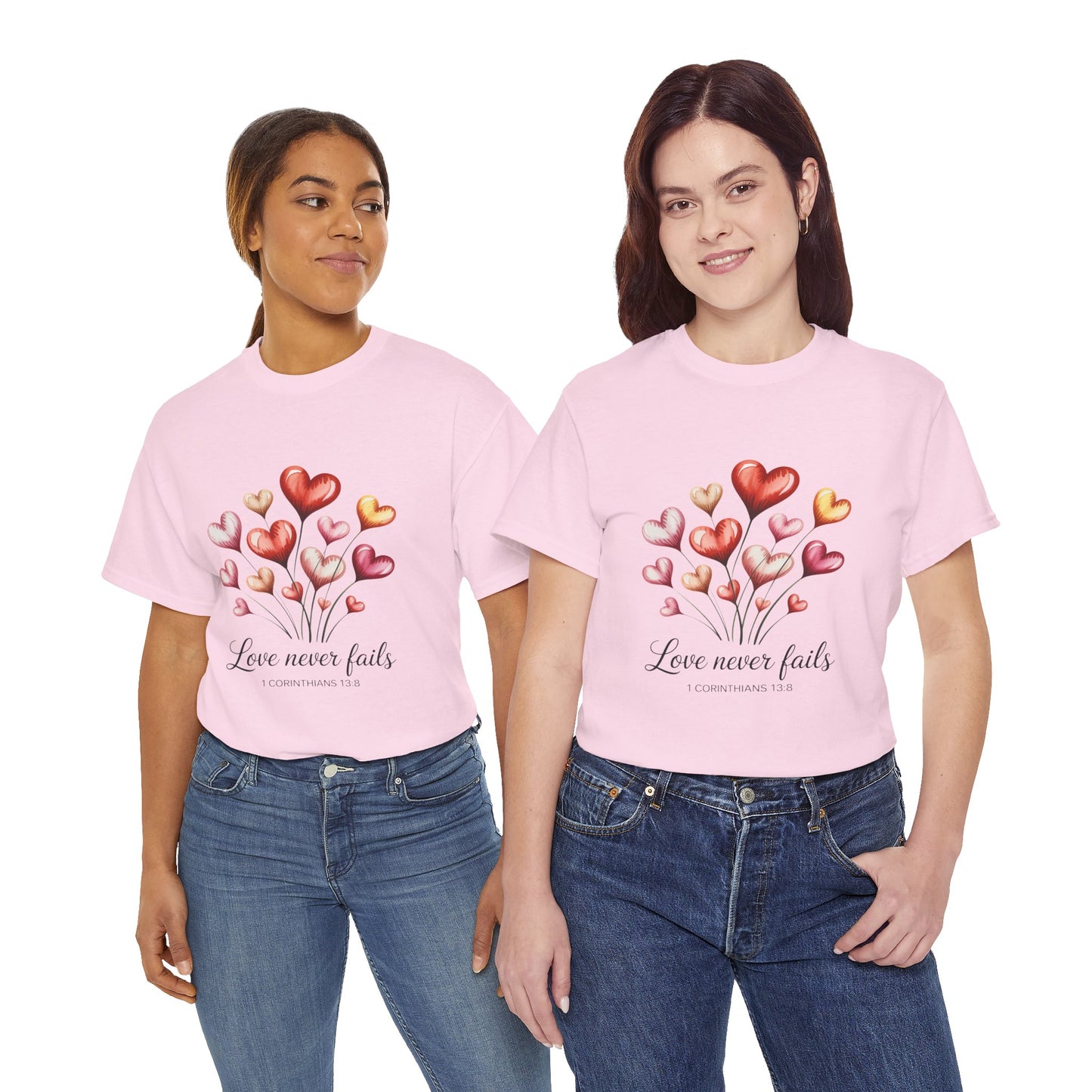 Heart Bouquet T‑Shirt — "Love Never Fails" Romantic Graphic Tee