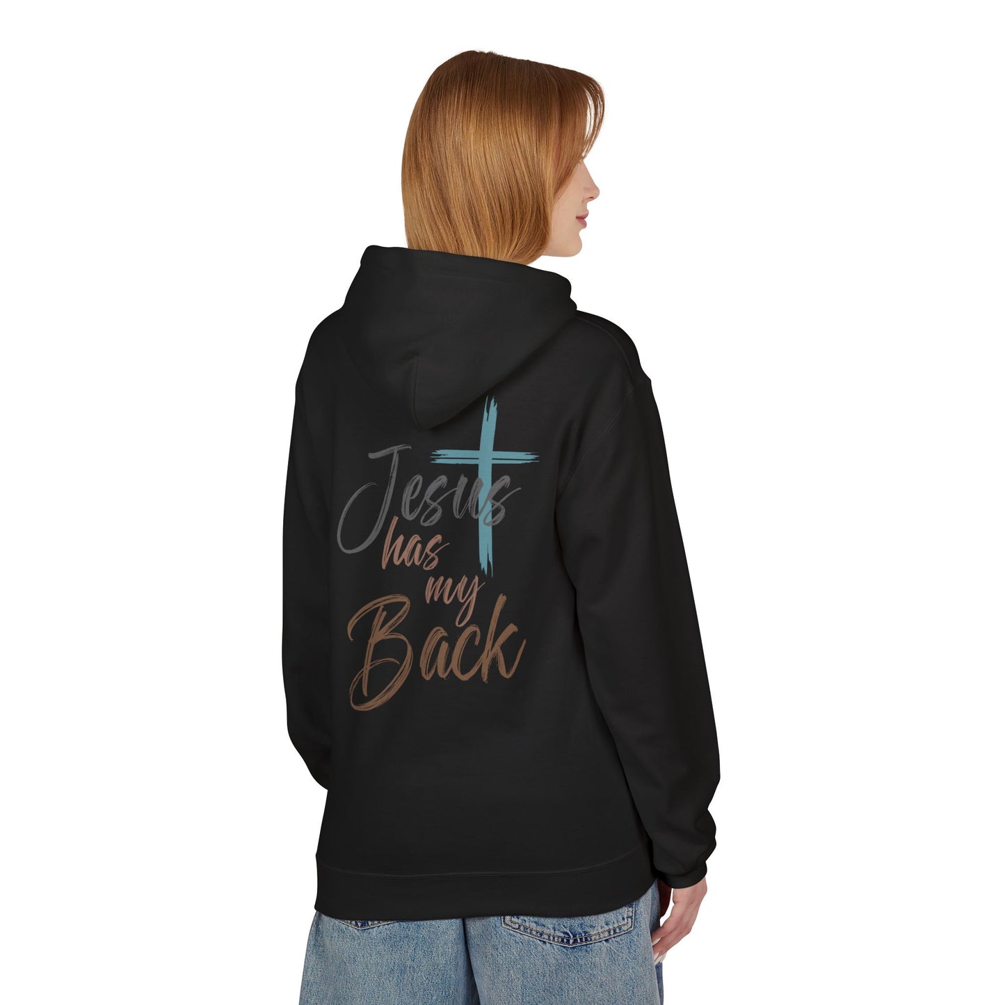 unisex Christian Hoodie — "Jesus Has My Back" Cross & Heart Faith Pullover