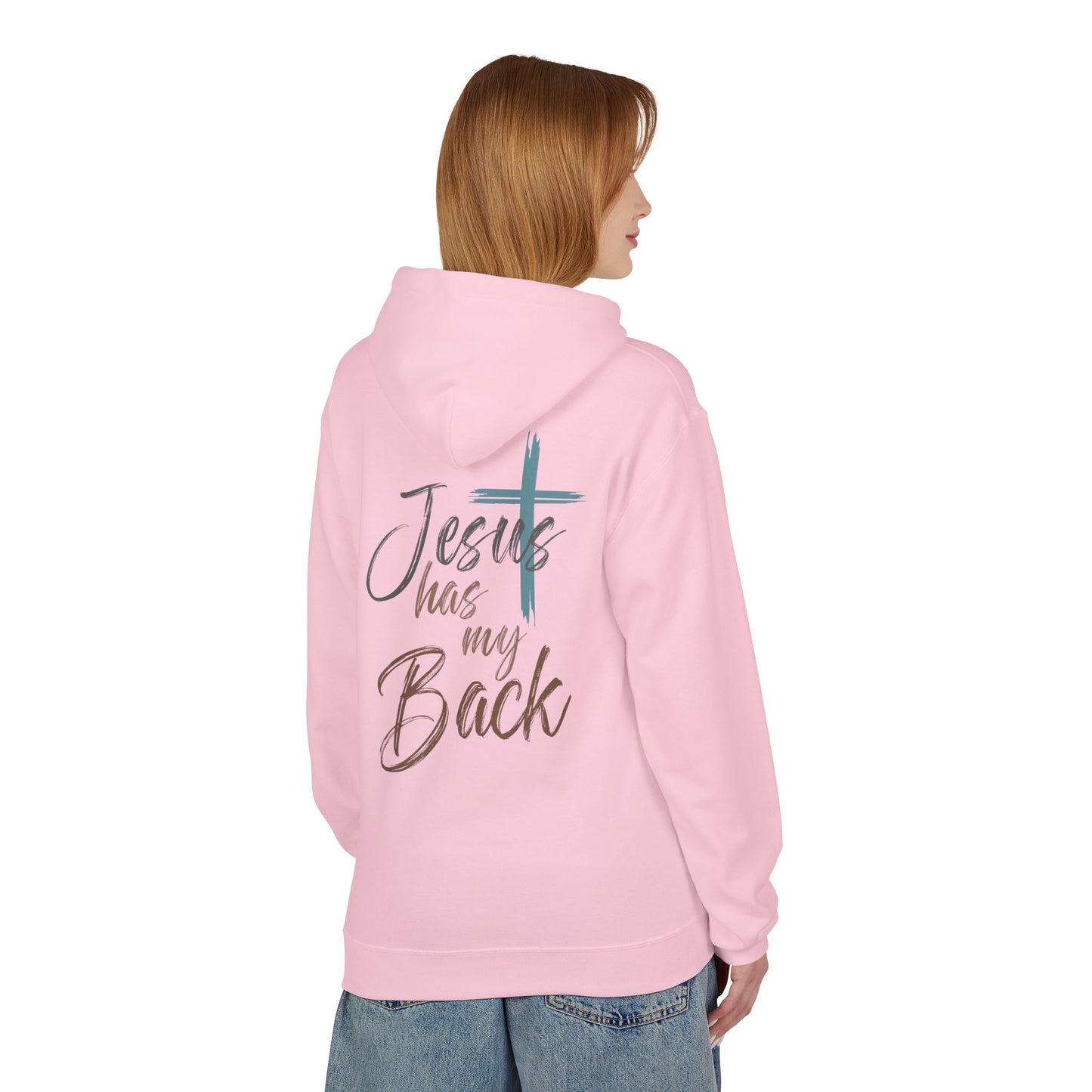 unisex Christian Hoodie — "Jesus Has My Back" Cross & Heart Faith Pullover