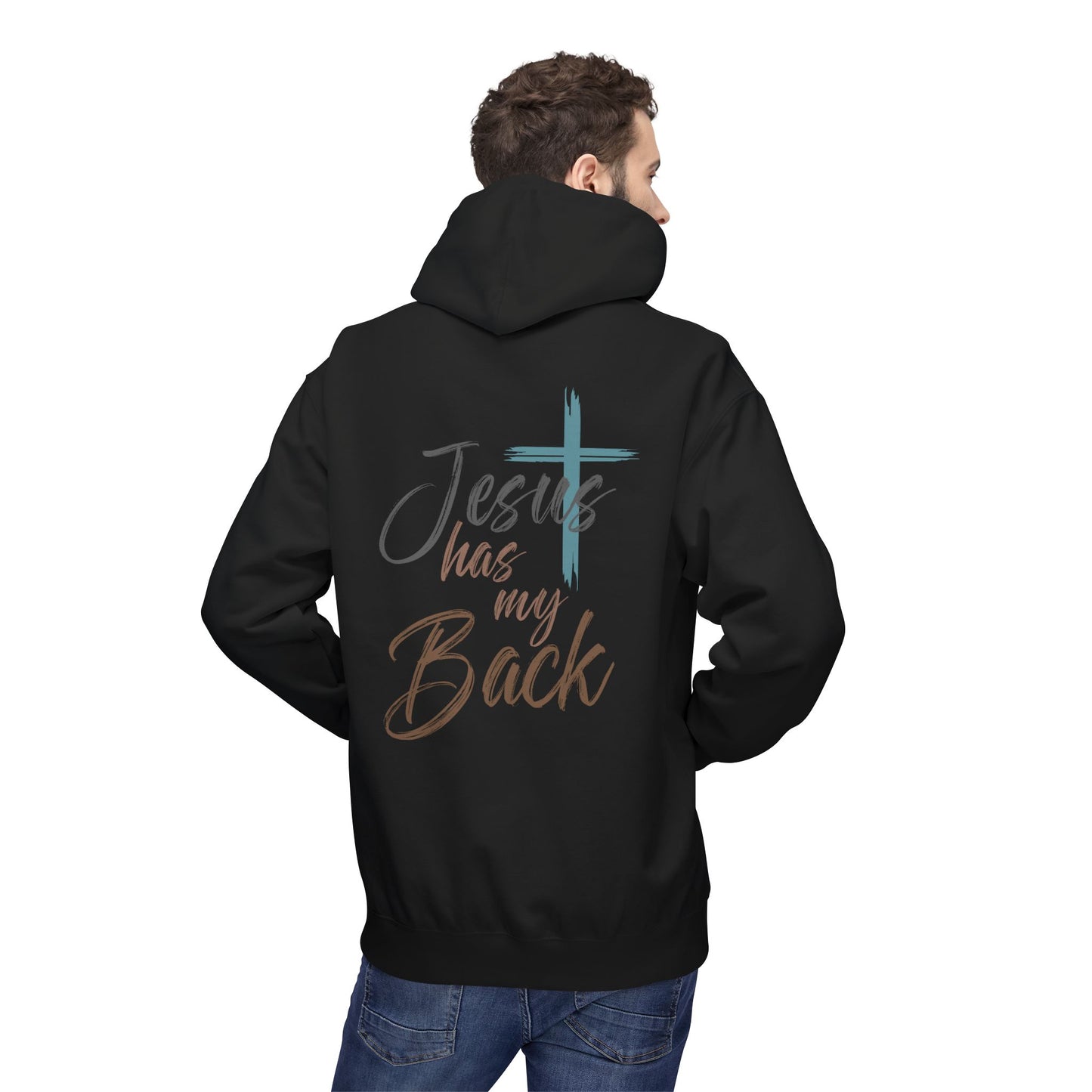 unisex Christian Hoodie — "Jesus Has My Back" Cross & Heart Faith Pullover
