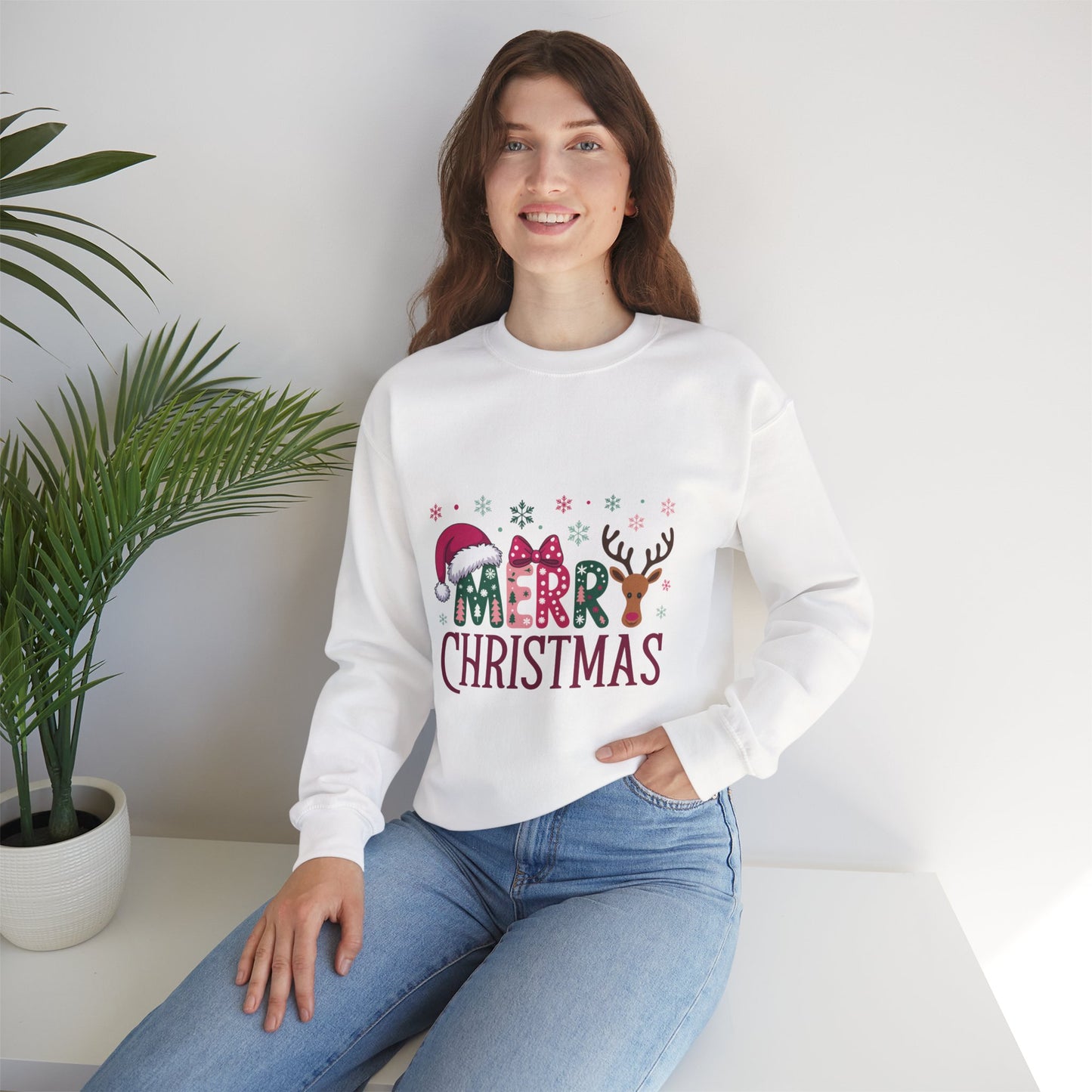 Christmas Crewneck Sweatshirt — Festive "Merry Christmas" Reindeer & Santa Hat Design