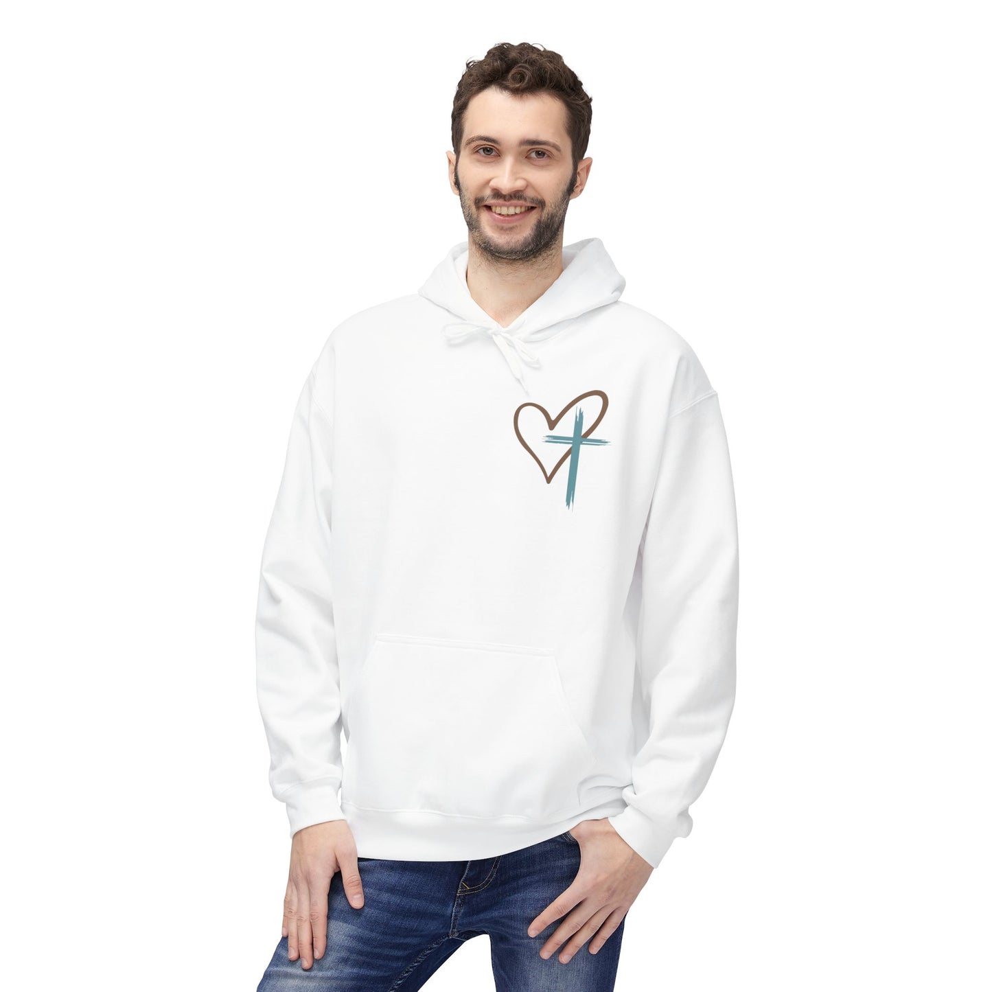 unisex Christian Hoodie — "Jesus Has My Back" Cross & Heart Faith Pullover