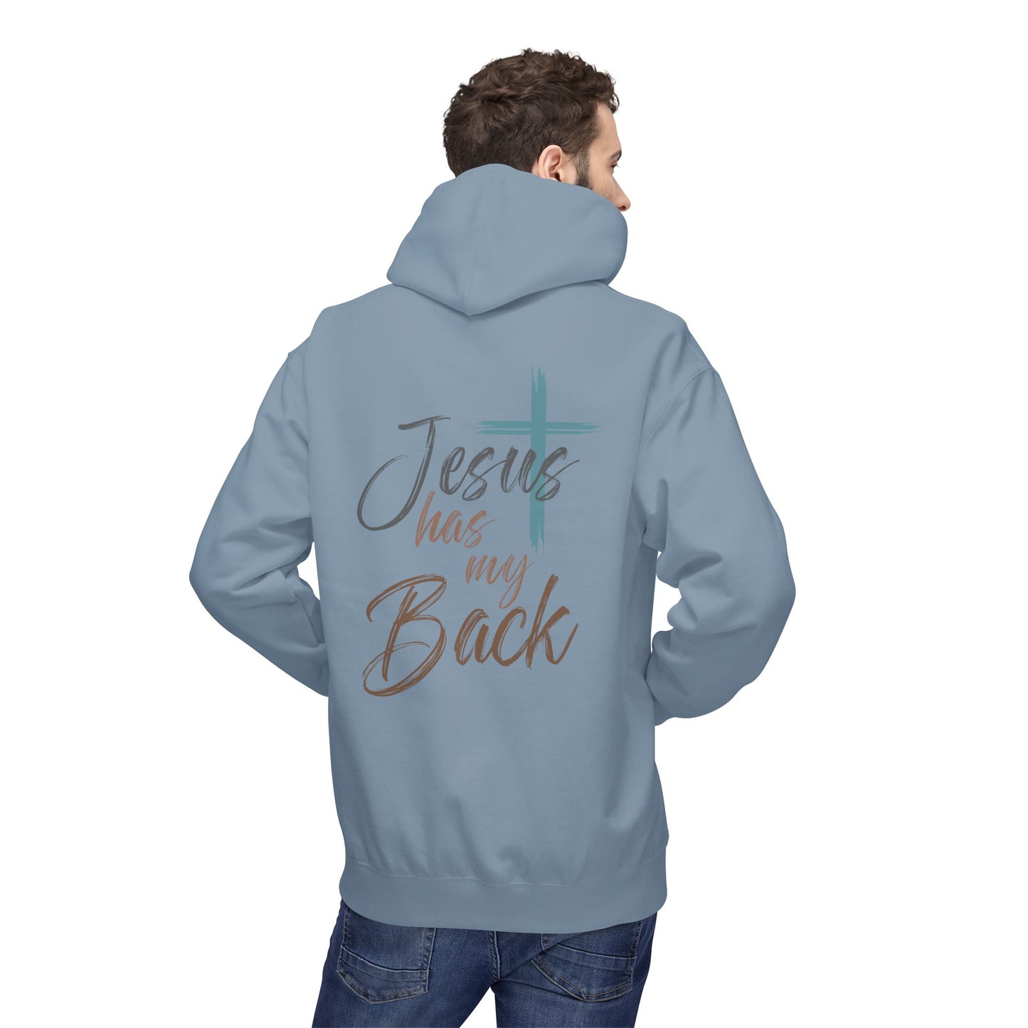 unisex Christian Hoodie — "Jesus Has My Back" Cross & Heart Faith Pullover