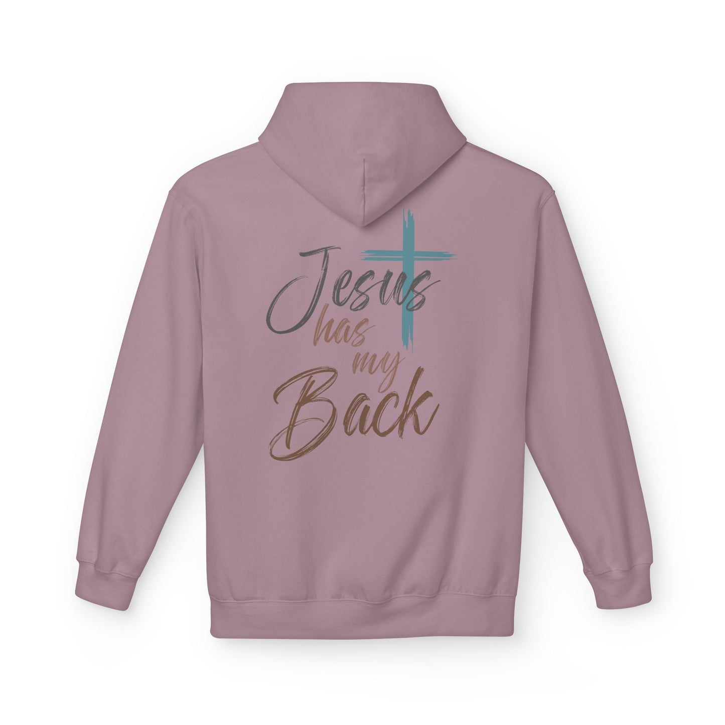 unisex Christian Hoodie — "Jesus Has My Back" Cross & Heart Faith Pullover