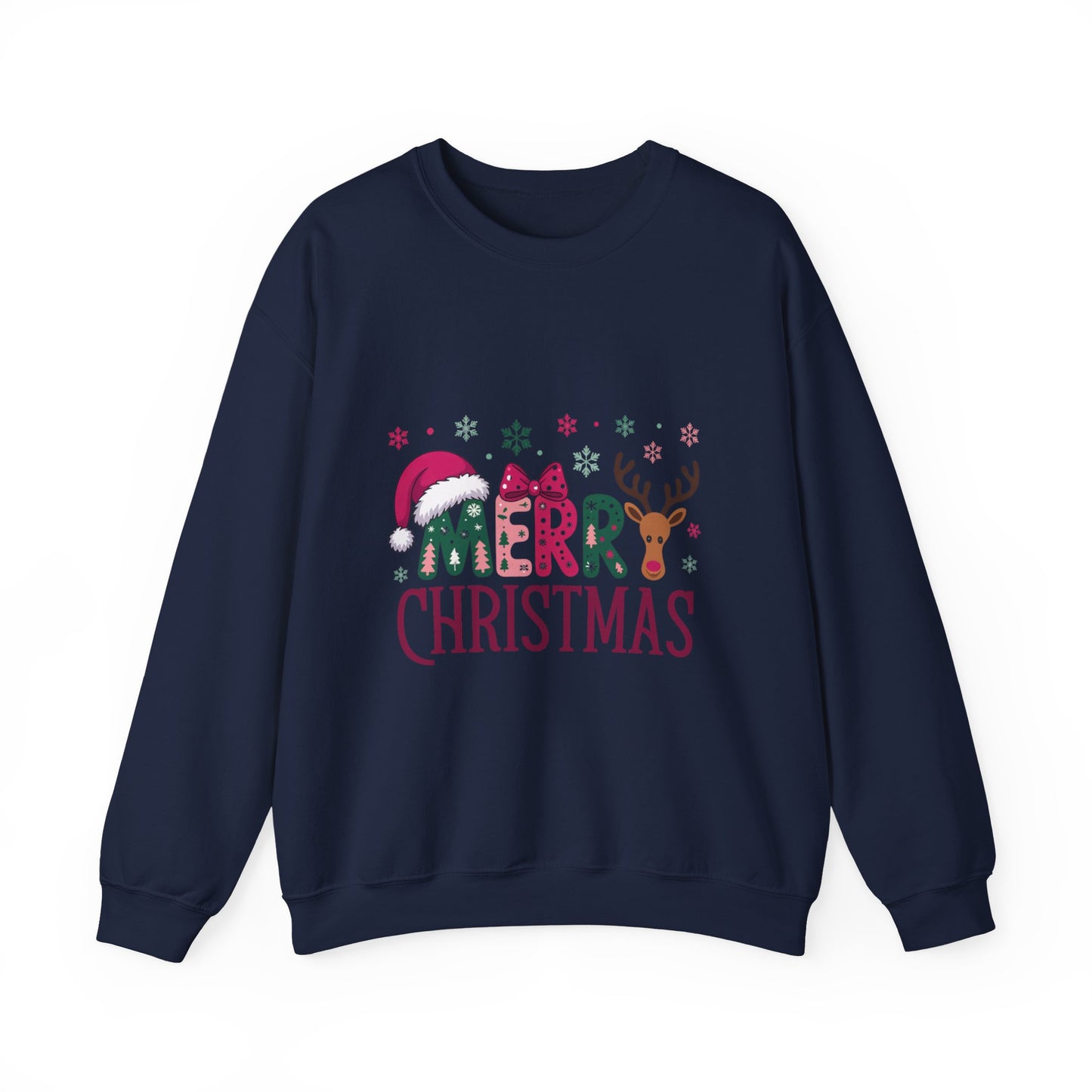 Christmas Crewneck Sweatshirt — Festive "Merry Christmas" Reindeer & Santa Hat Design