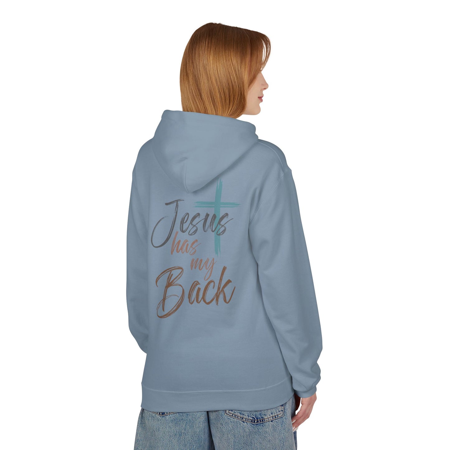 unisex Christian Hoodie — "Jesus Has My Back" Cross & Heart Faith Pullover