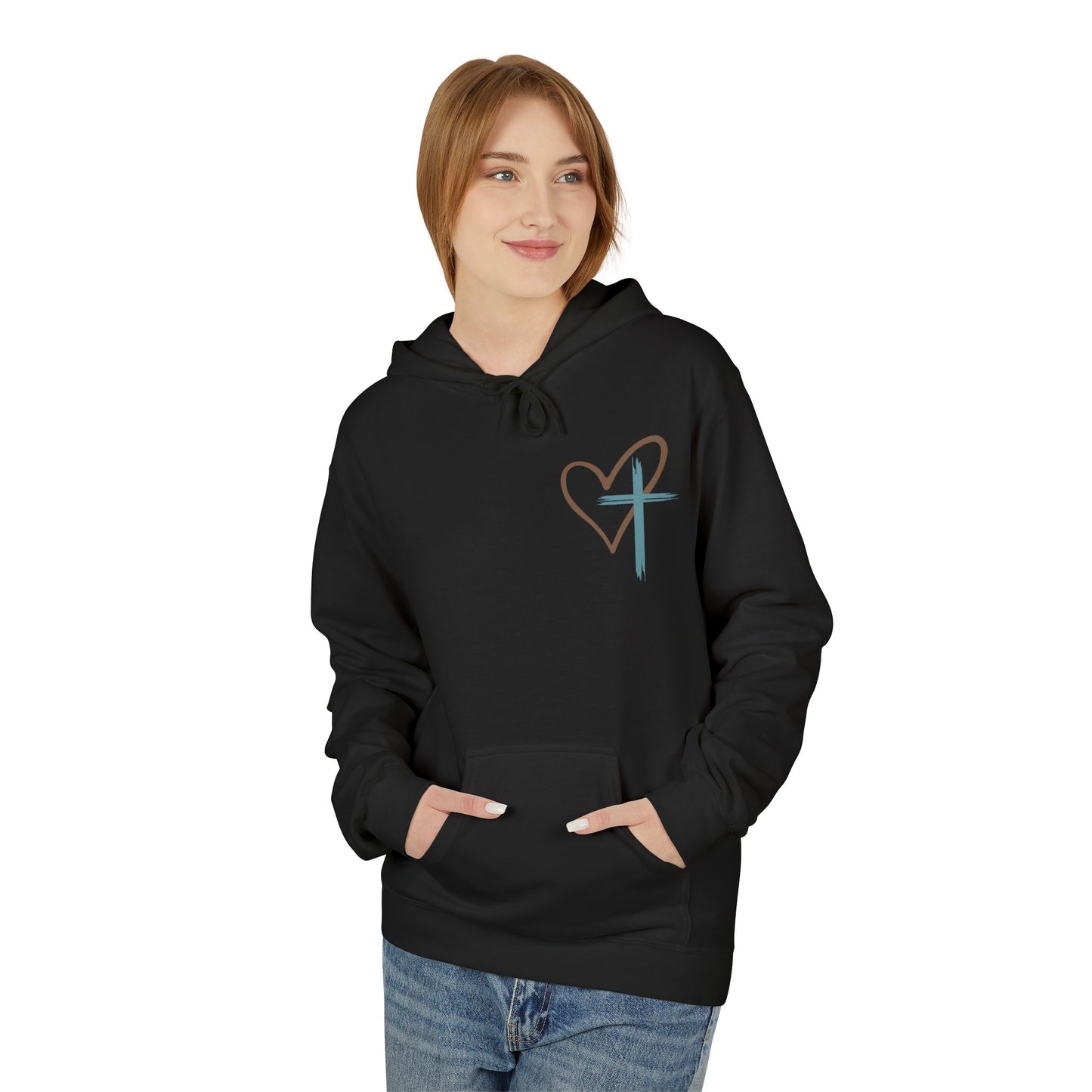 unisex Christian Hoodie — "Jesus Has My Back" Cross & Heart Faith Pullover