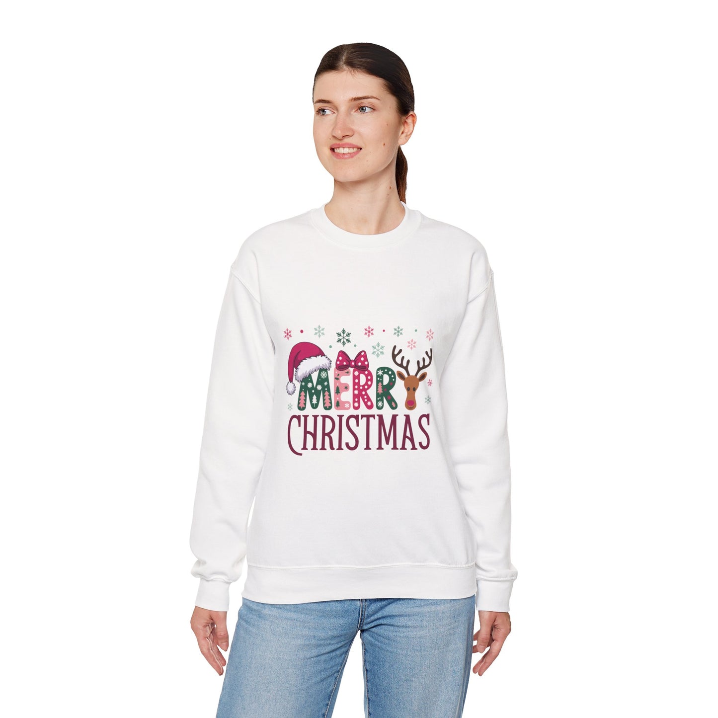 Christmas Crewneck Sweatshirt — Festive "Merry Christmas" Reindeer & Santa Hat Design