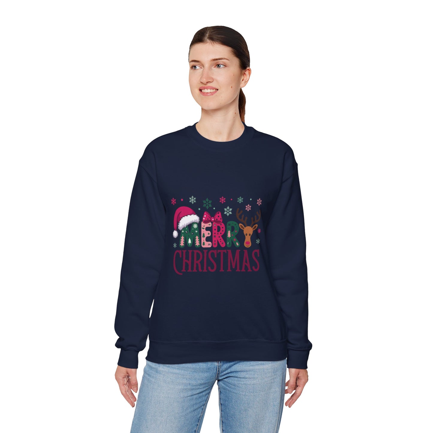 Christmas Crewneck Sweatshirt — Festive "Merry Christmas" Reindeer & Santa Hat Design
