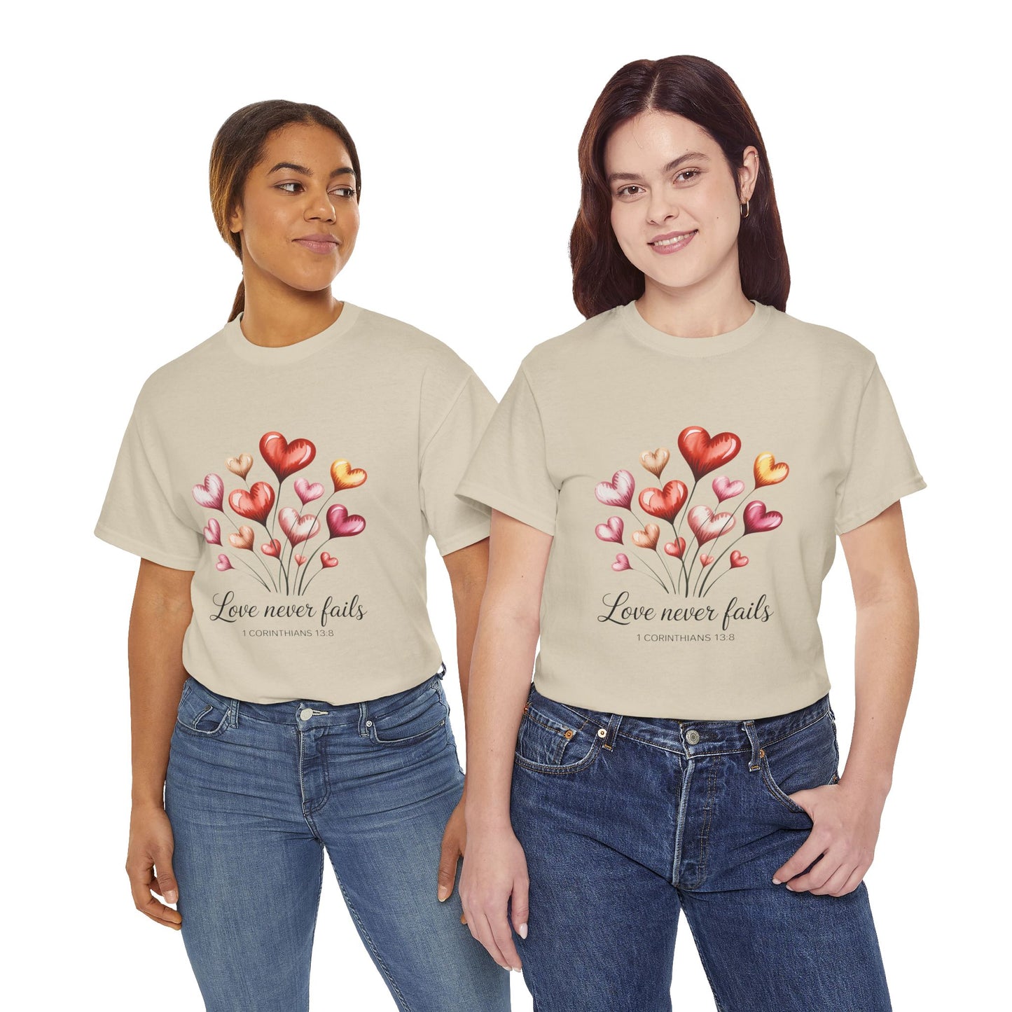 Heart Bouquet T‑Shirt — "Love Never Fails" Romantic Graphic Tee