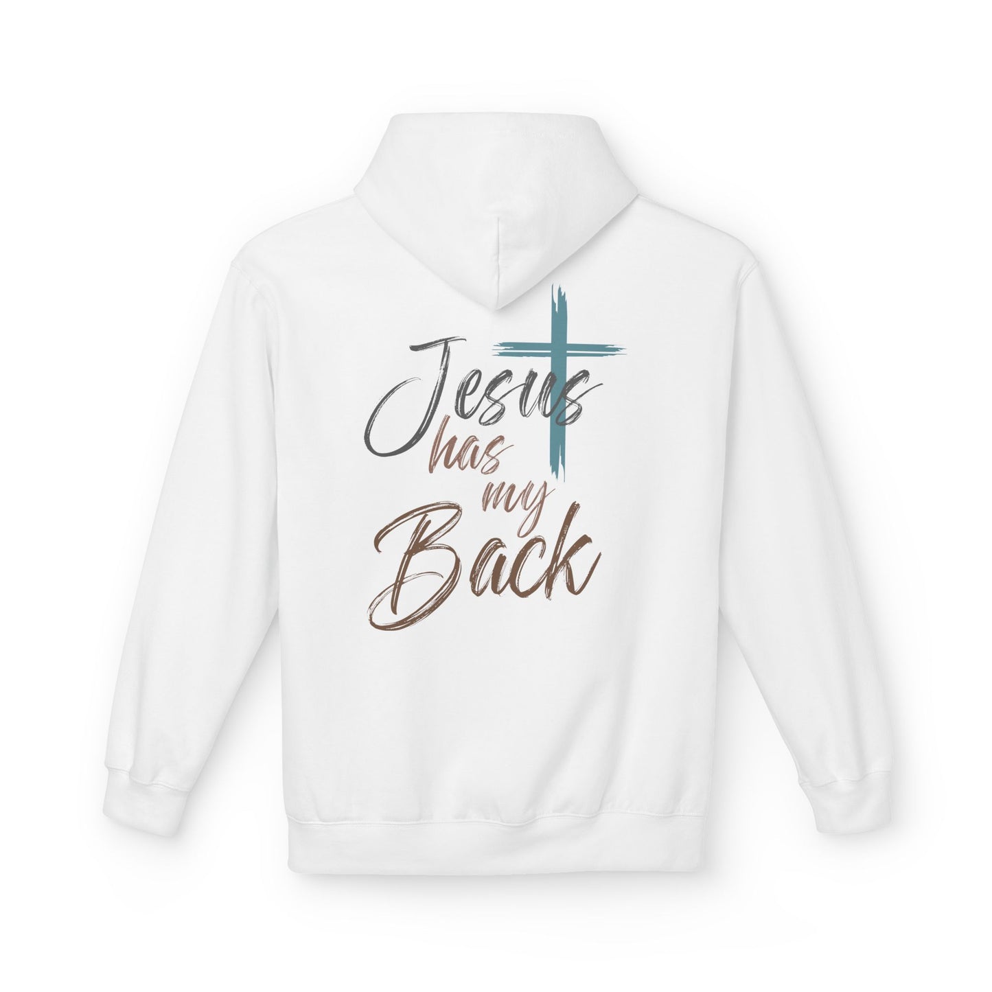 unisex Christian Hoodie — "Jesus Has My Back" Cross & Heart Faith Pullover