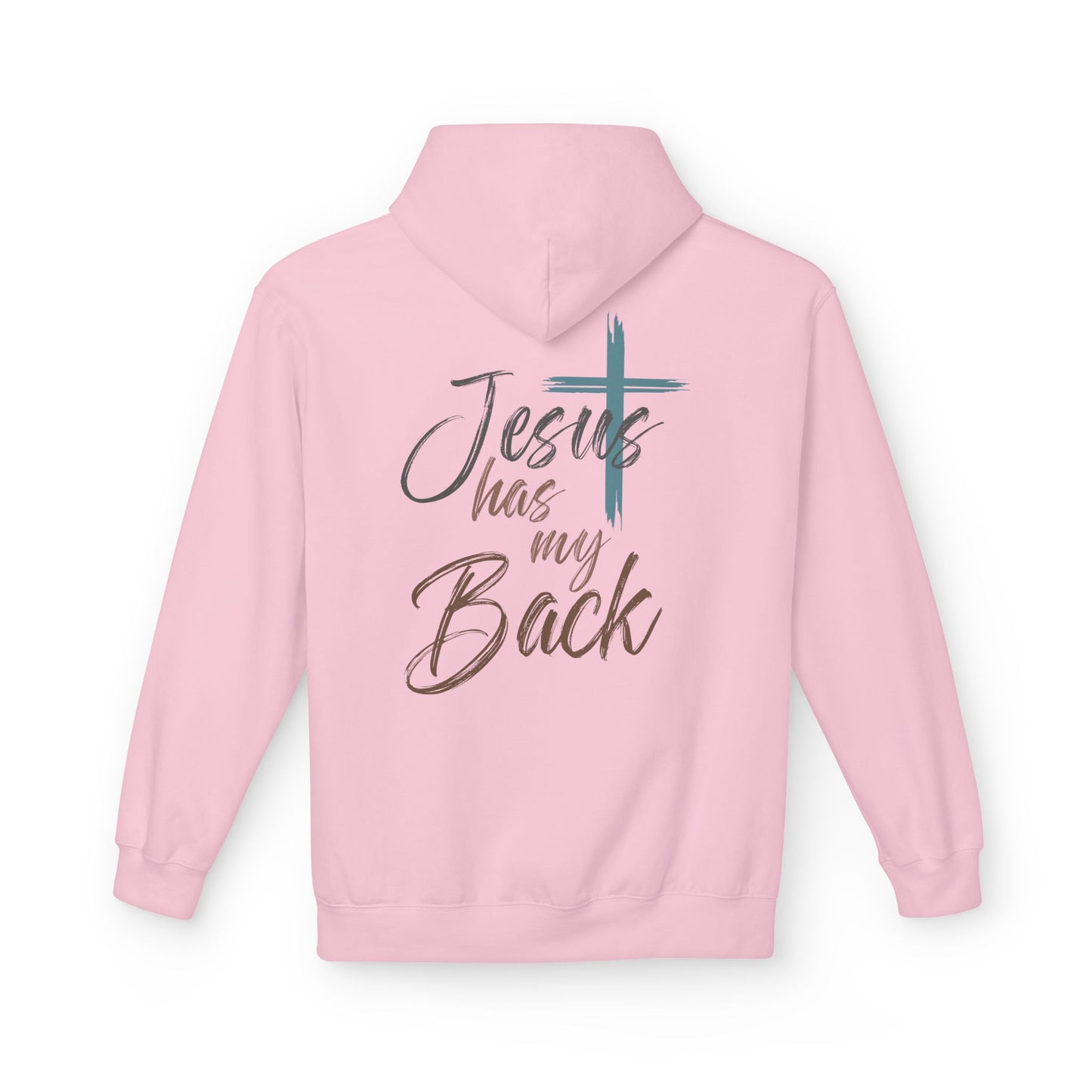 unisex Christian Hoodie — "Jesus Has My Back" Cross & Heart Faith Pullover