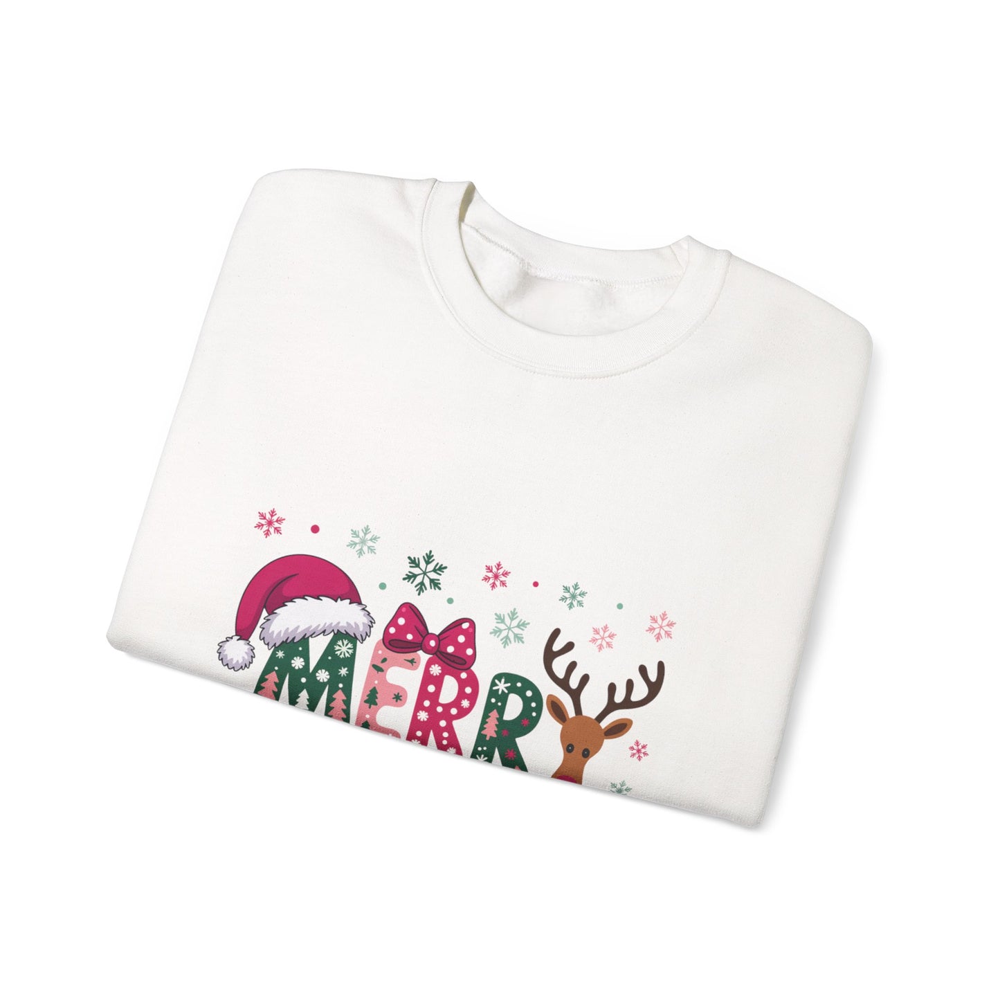 Christmas Crewneck Sweatshirt — Festive "Merry Christmas" Reindeer & Santa Hat Design