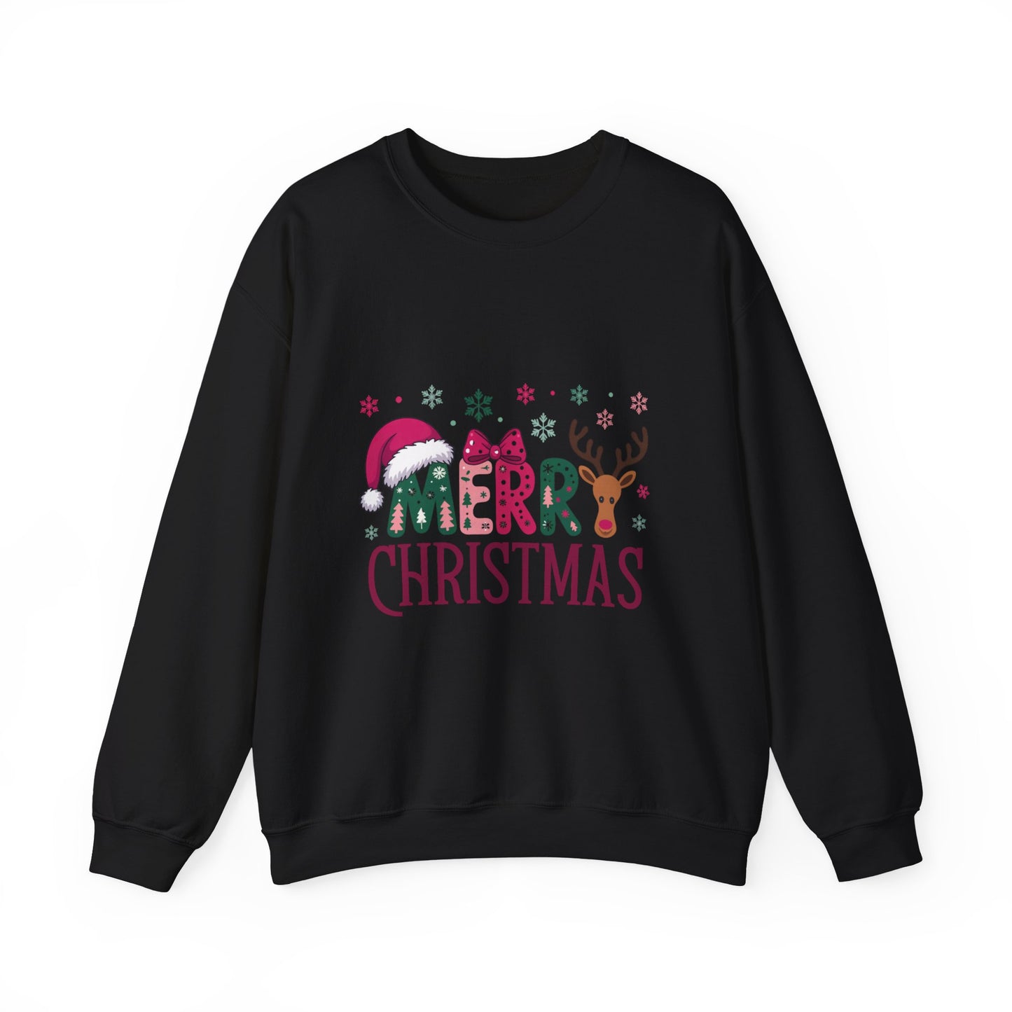 Christmas Crewneck Sweatshirt — Festive "Merry Christmas" Reindeer & Santa Hat Design