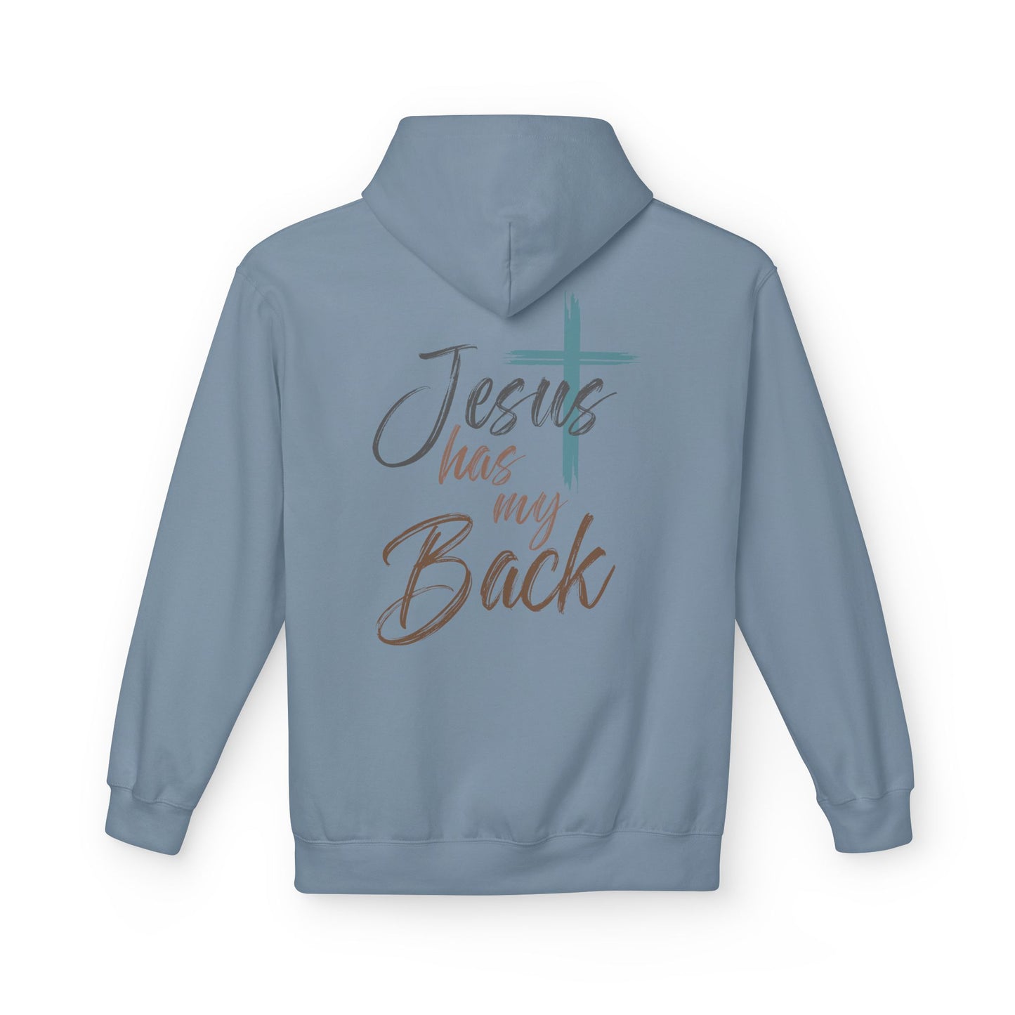 unisex Christian Hoodie — "Jesus Has My Back" Cross & Heart Faith Pullover