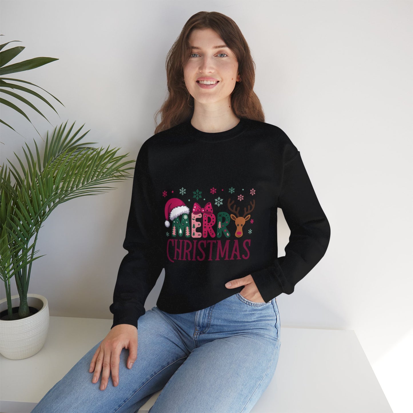 Christmas Crewneck Sweatshirt — Festive "Merry Christmas" Reindeer & Santa Hat Design