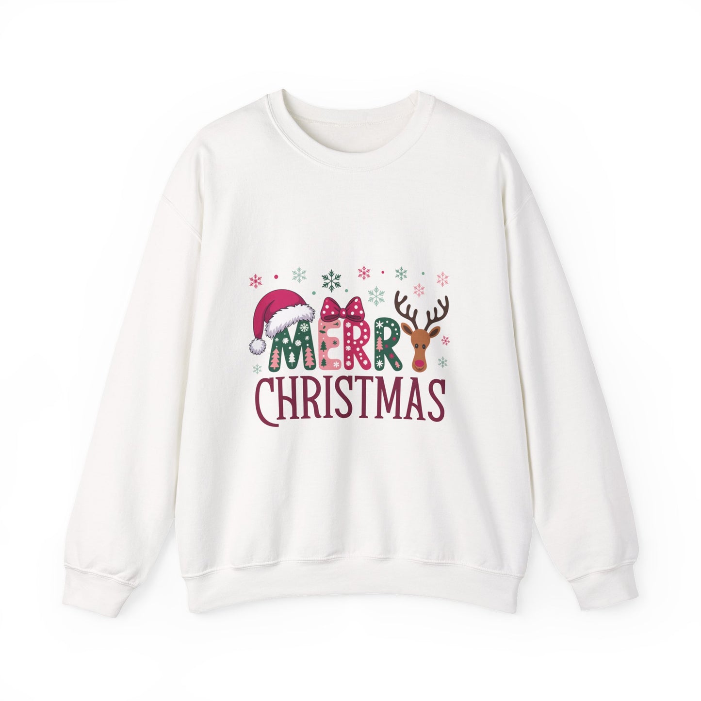 Christmas Crewneck Sweatshirt — Festive "Merry Christmas" Reindeer & Santa Hat Design