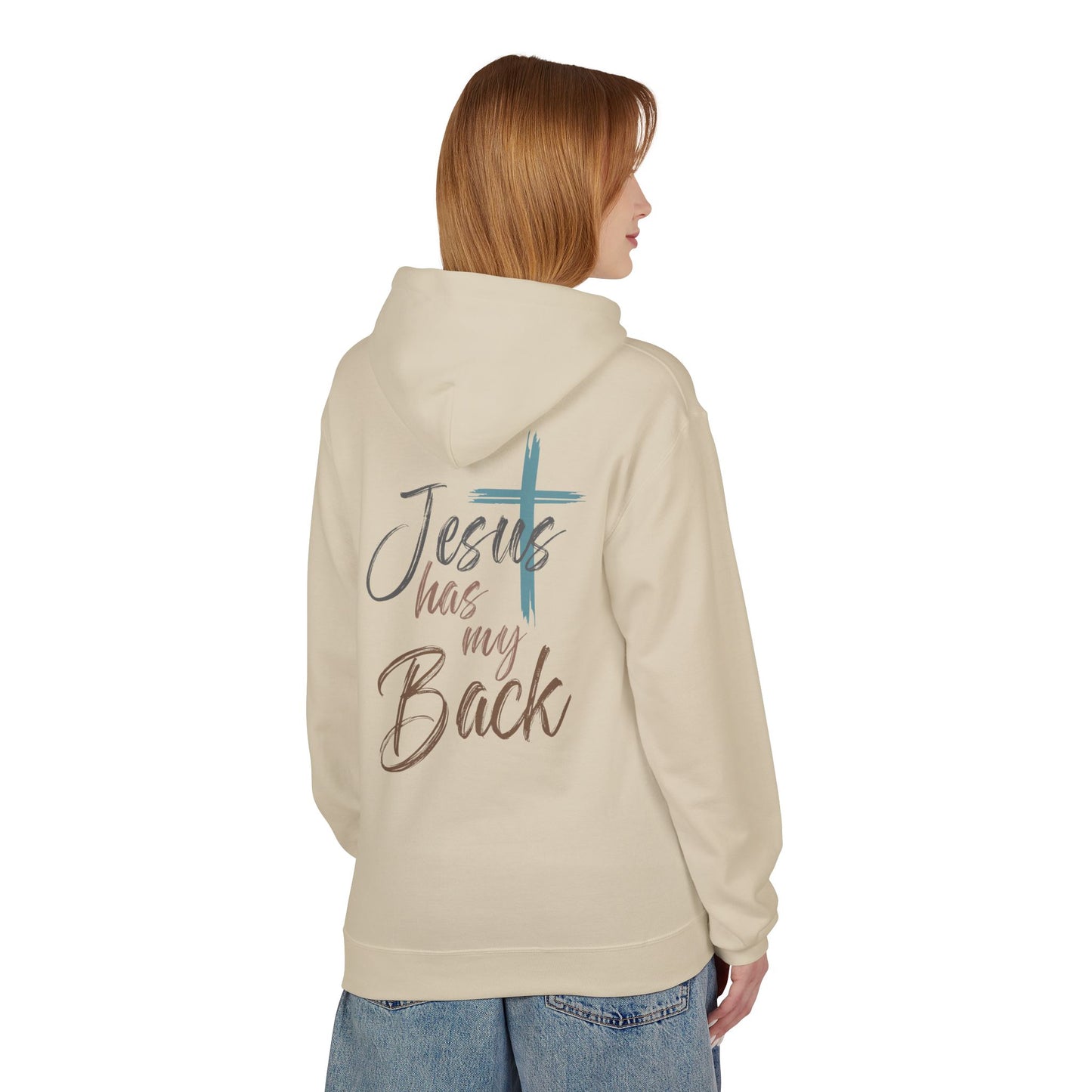 unisex Christian Hoodie — "Jesus Has My Back" Cross & Heart Faith Pullover