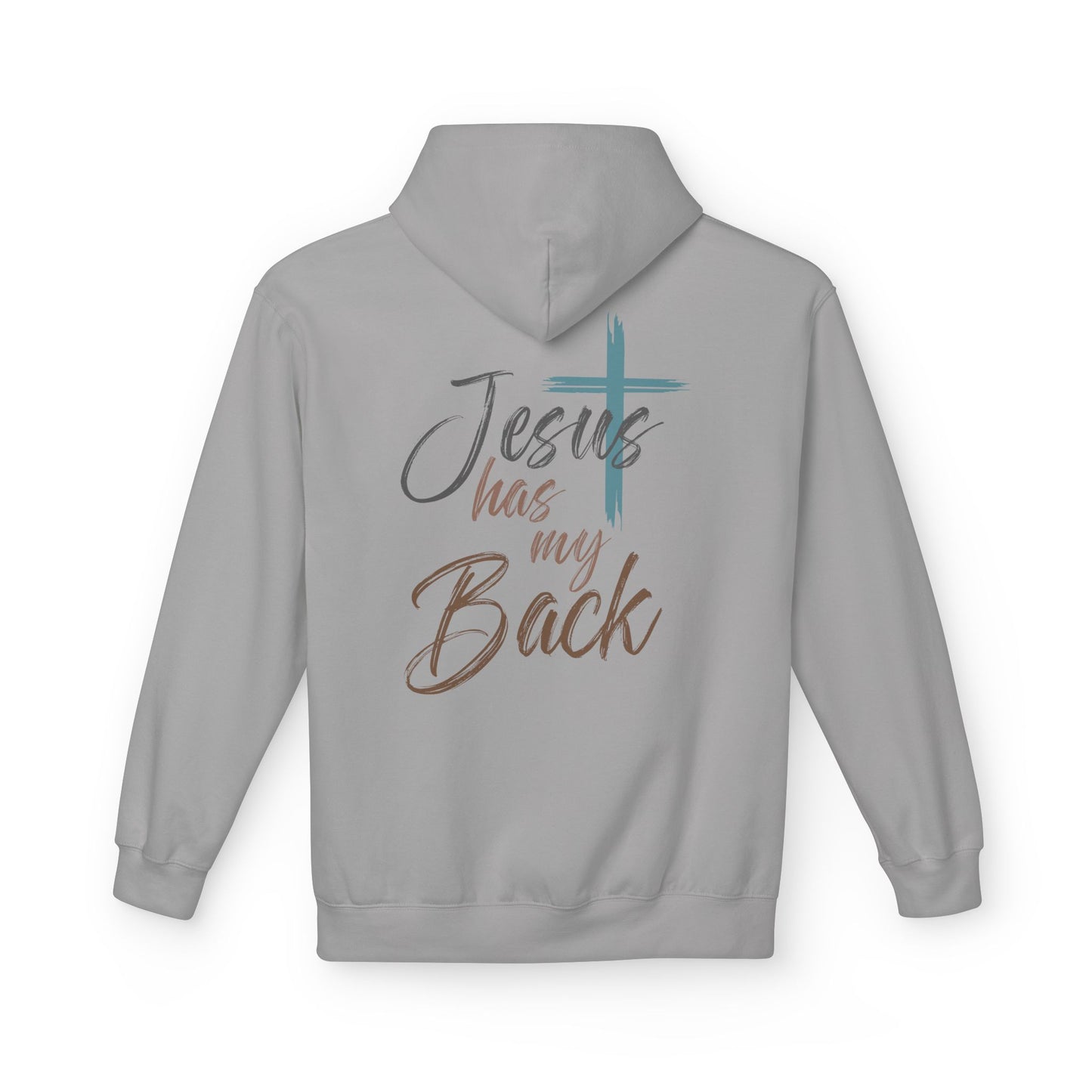 unisex Christian Hoodie — "Jesus Has My Back" Cross & Heart Faith Pullover