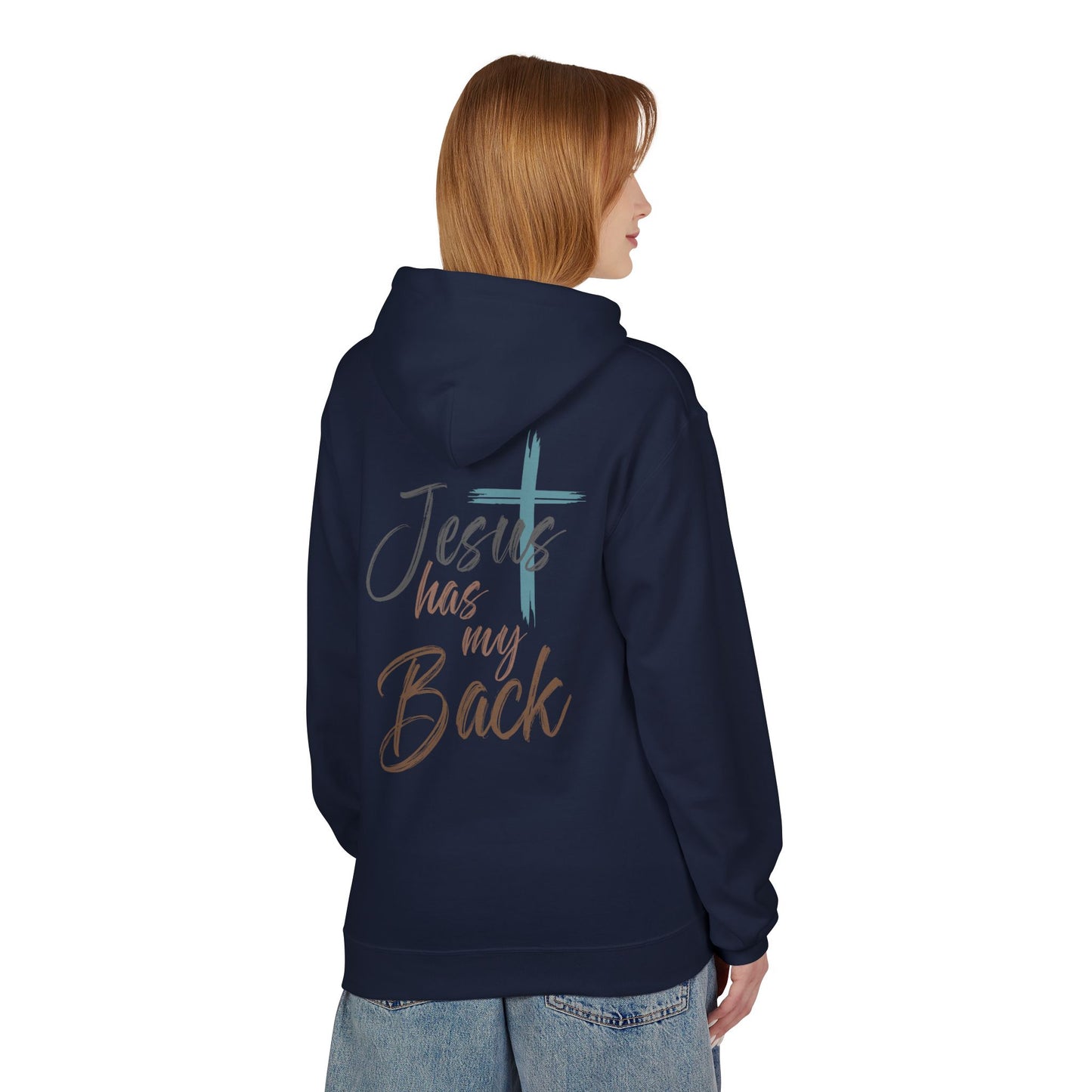 unisex Christian Hoodie — "Jesus Has My Back" Cross & Heart Faith Pullover