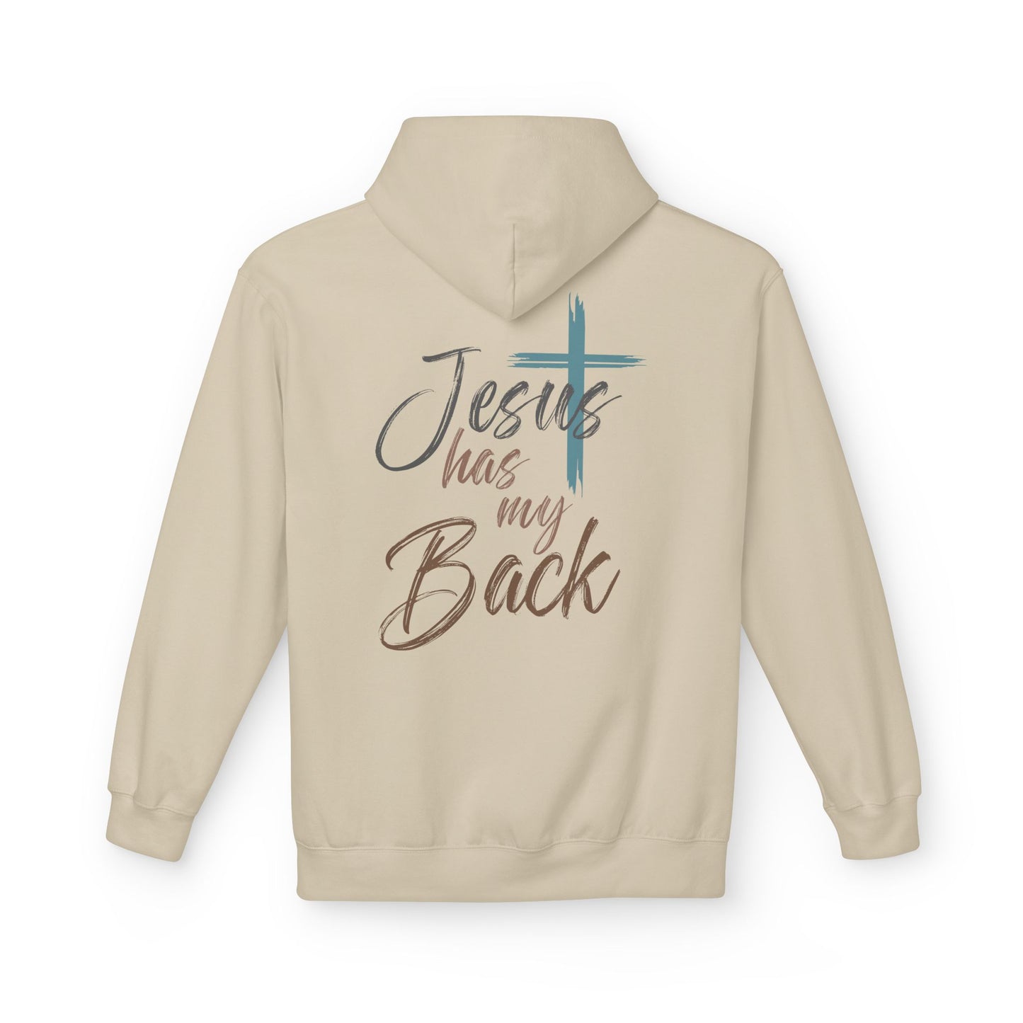 unisex Christian Hoodie — "Jesus Has My Back" Cross & Heart Faith Pullover