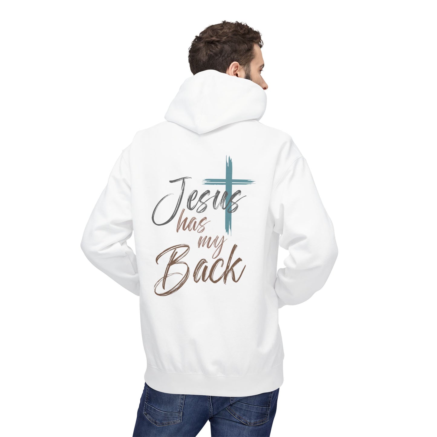 unisex Christian Hoodie — "Jesus Has My Back" Cross & Heart Faith Pullover