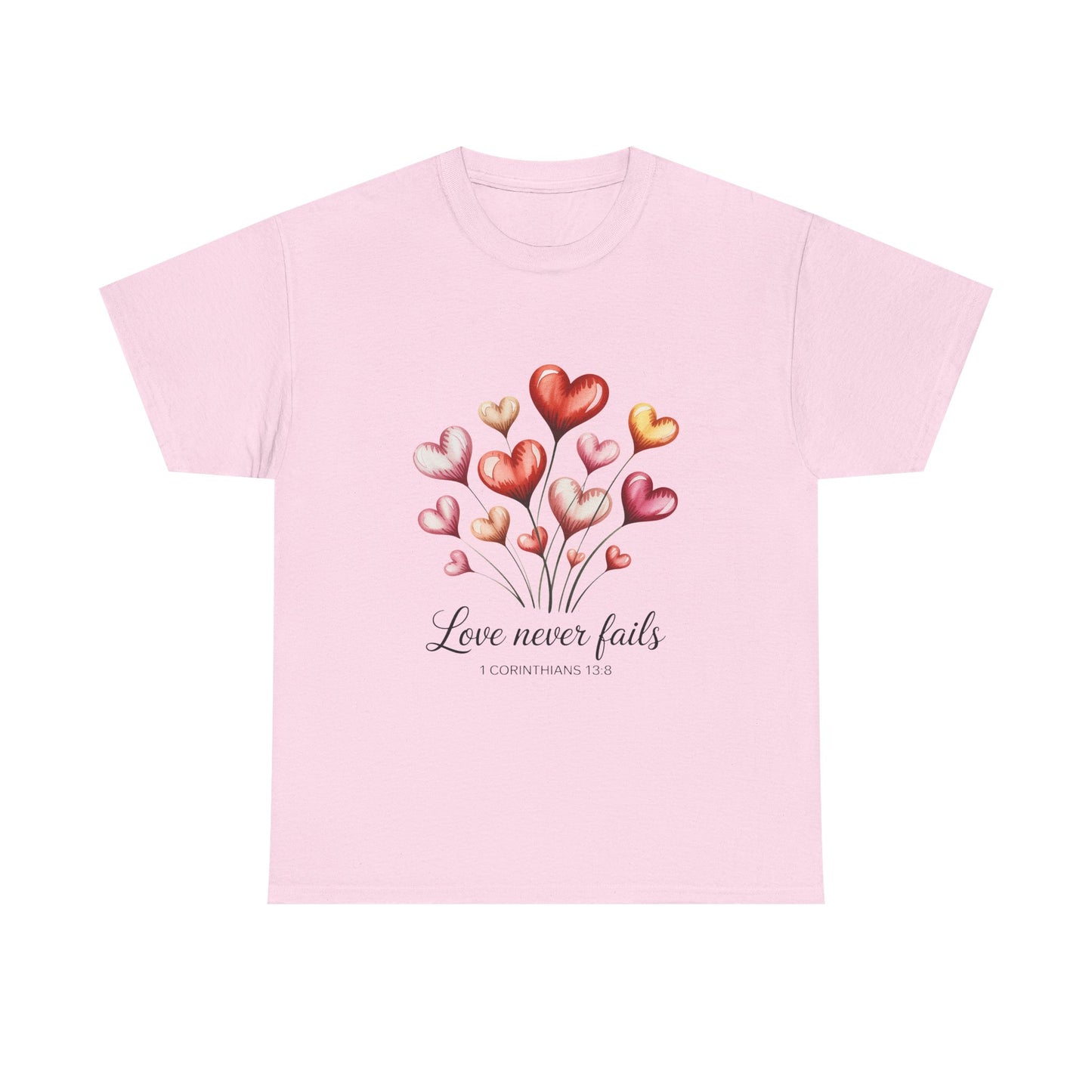 Heart Bouquet T‑Shirt — "Love Never Fails" Romantic Graphic Tee