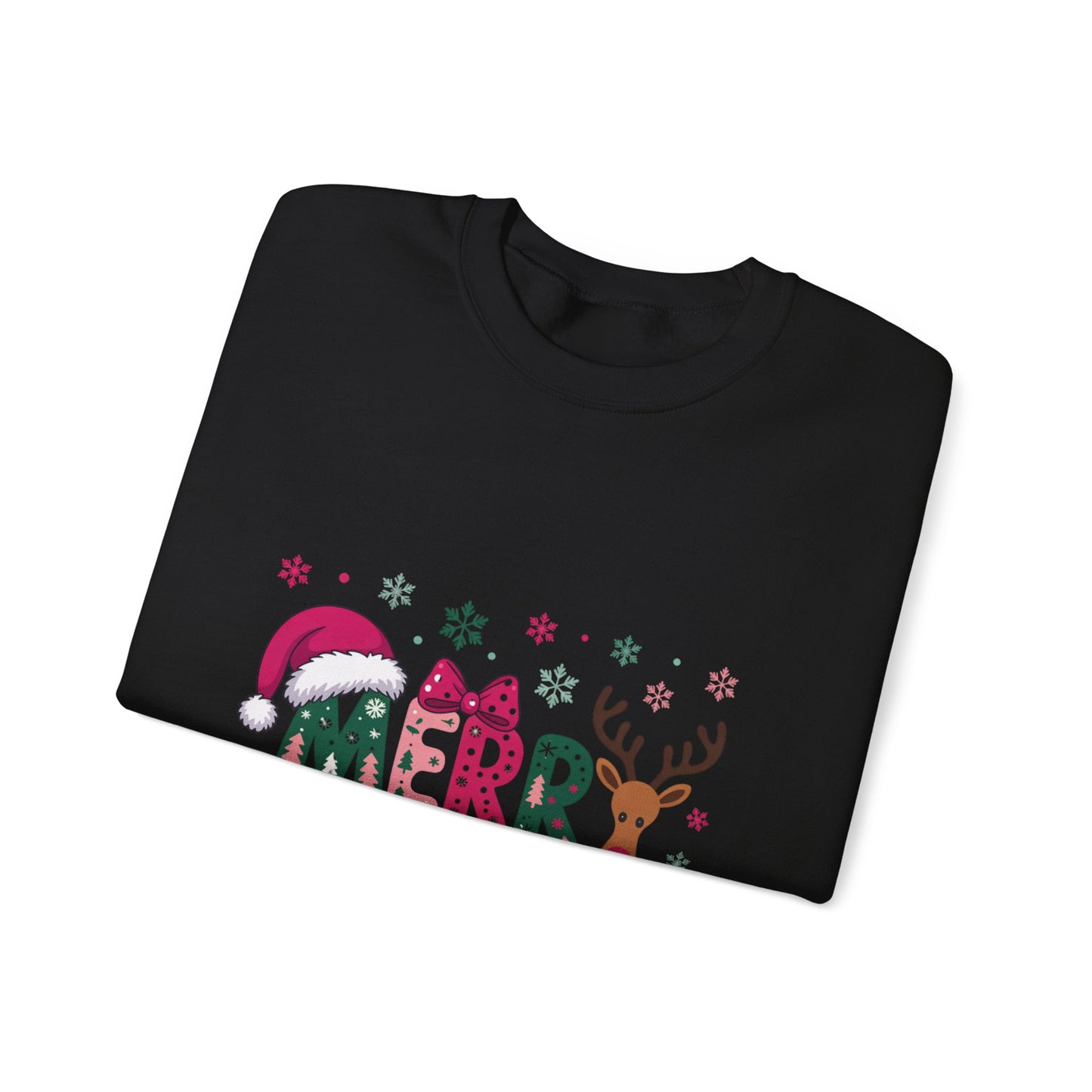 Christmas Crewneck Sweatshirt — Festive "Merry Christmas" Reindeer & Santa Hat Design
