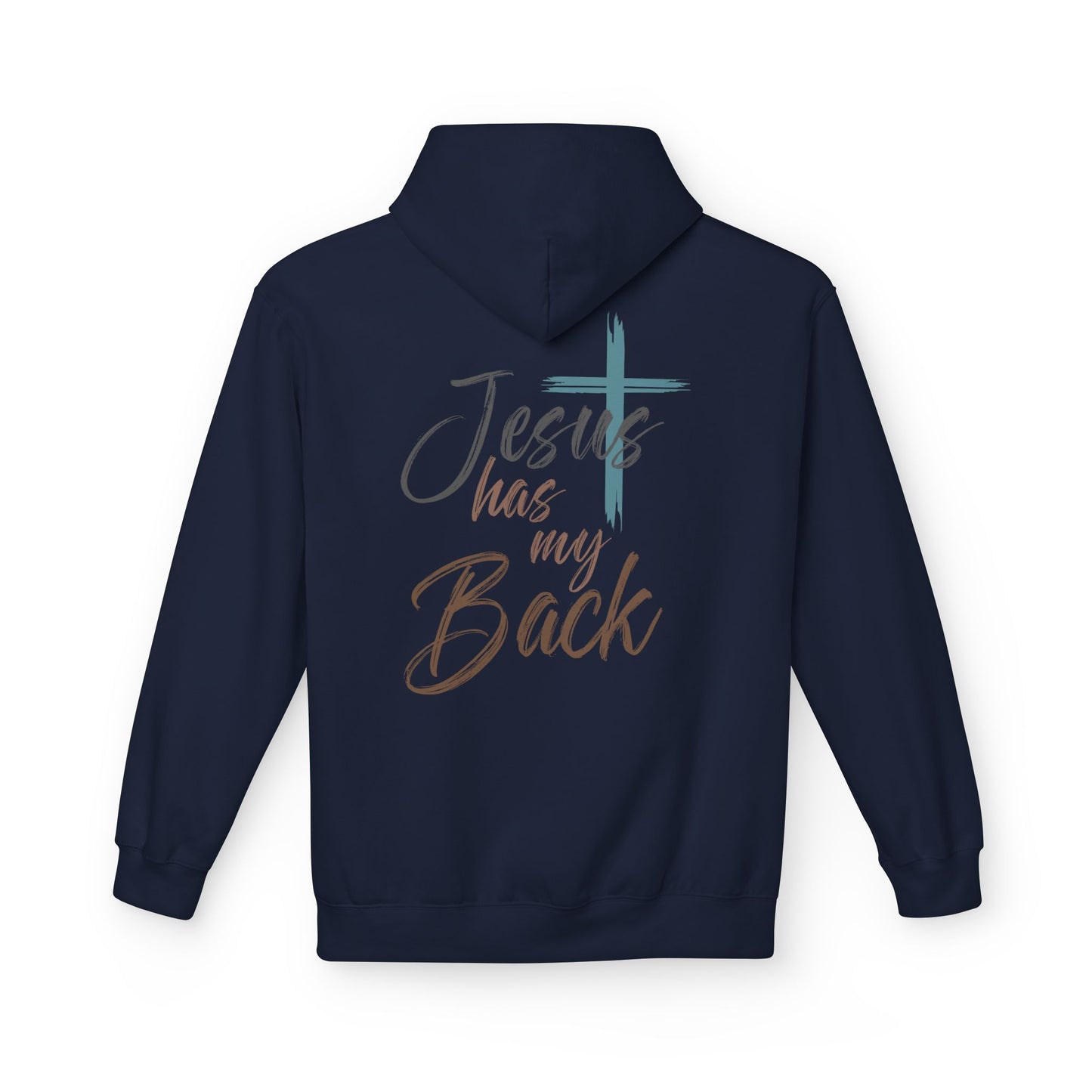 unisex Christian Hoodie — "Jesus Has My Back" Cross & Heart Faith Pullover