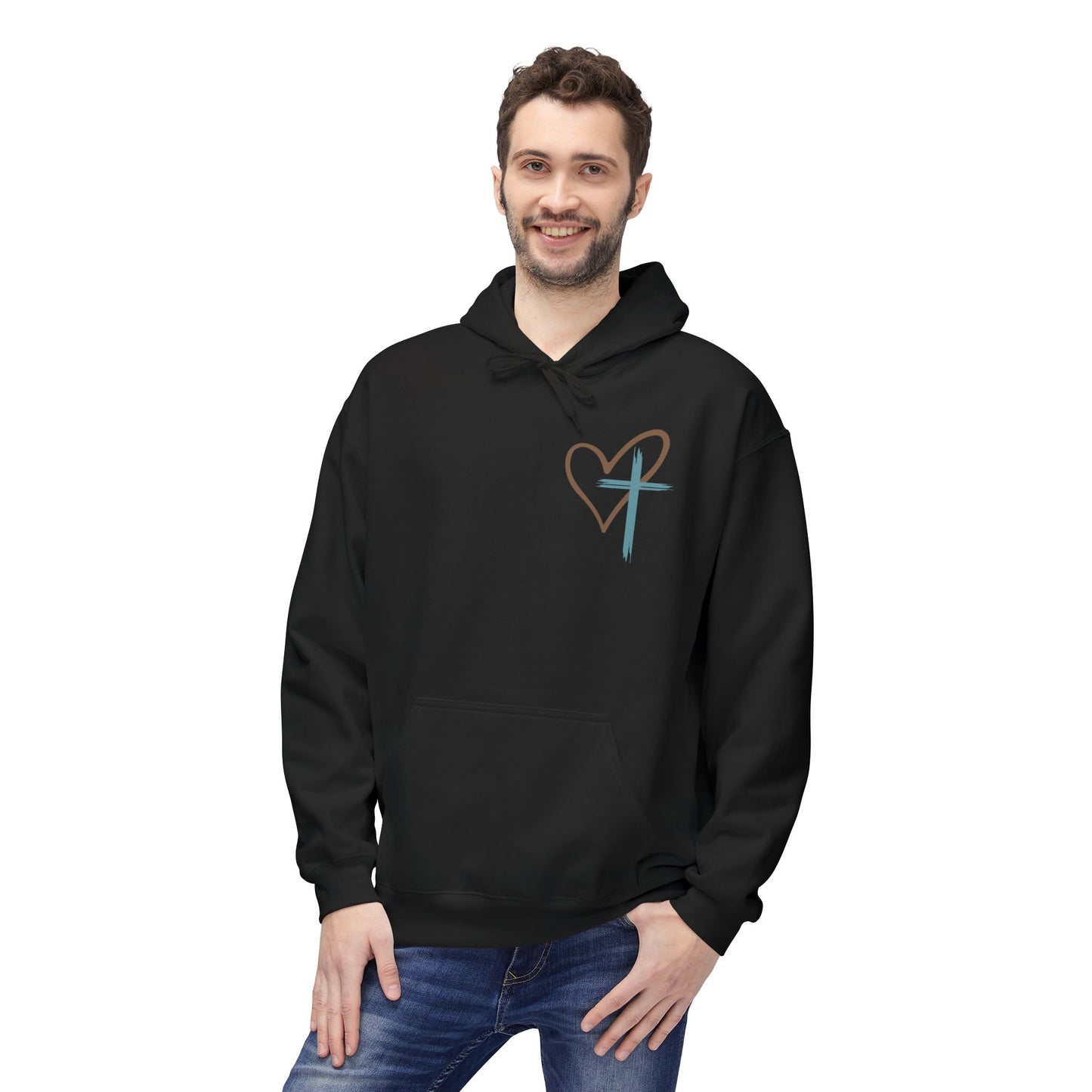 unisex Christian Hoodie — "Jesus Has My Back" Cross & Heart Faith Pullover