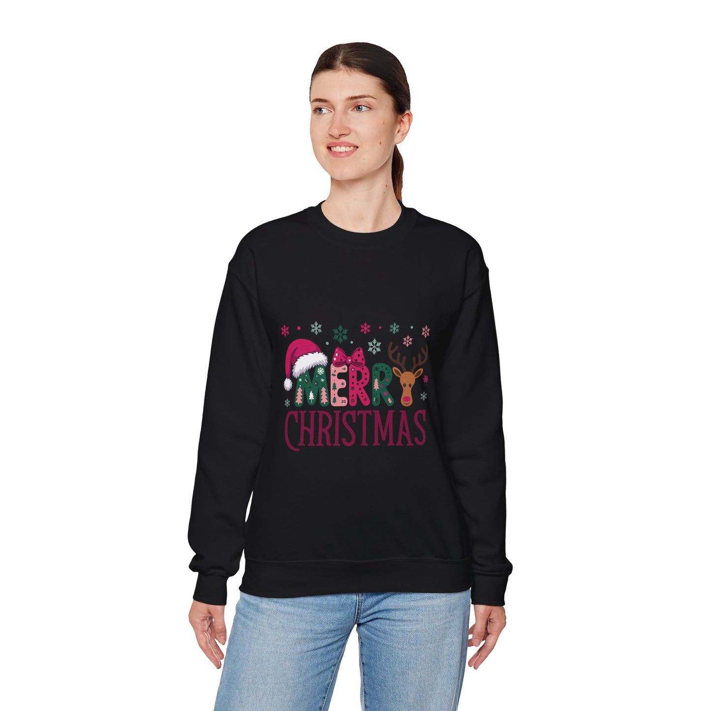 Christmas Crewneck Sweatshirt — Festive "Merry Christmas" Reindeer & Santa Hat Design