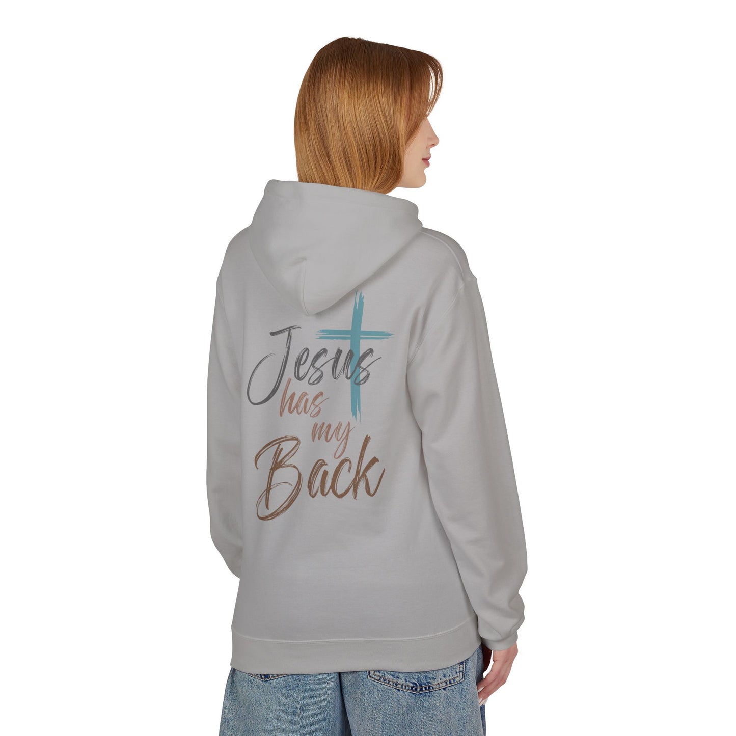 unisex Christian Hoodie — "Jesus Has My Back" Cross & Heart Faith Pullover