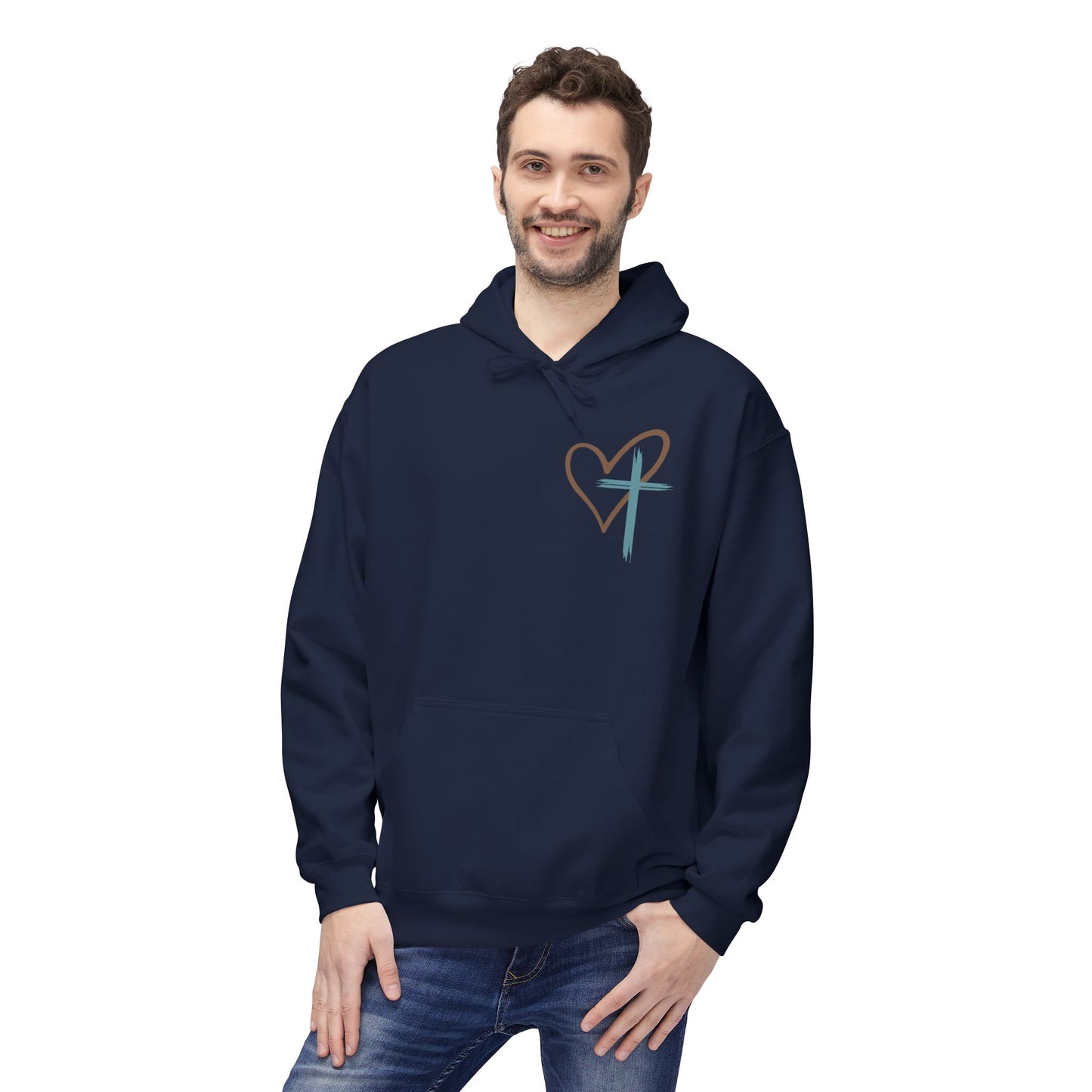 unisex Christian Hoodie — "Jesus Has My Back" Cross & Heart Faith Pullover