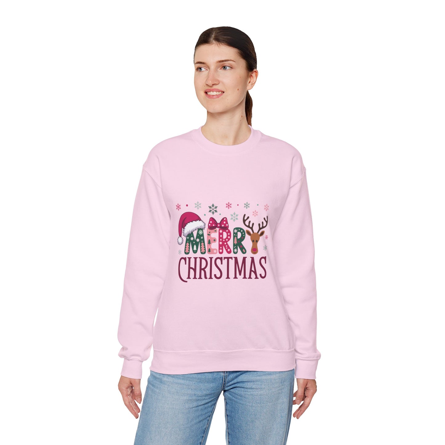 Christmas Crewneck Sweatshirt — Festive "Merry Christmas" Reindeer & Santa Hat Design
