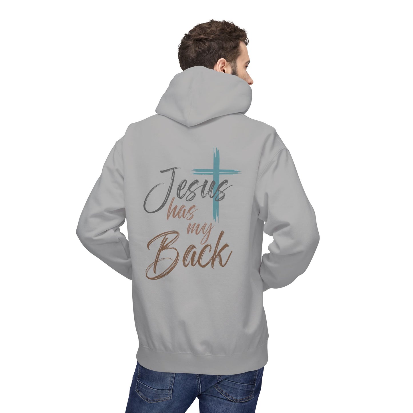 unisex Christian Hoodie — "Jesus Has My Back" Cross & Heart Faith Pullover