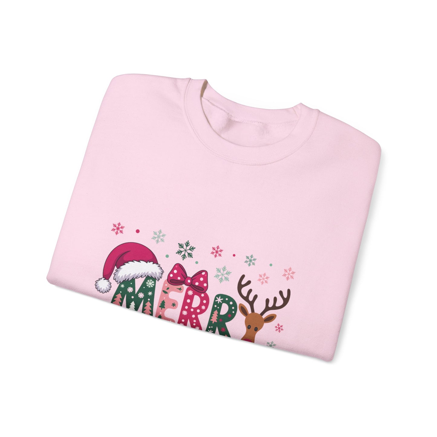Christmas Crewneck Sweatshirt — Festive "Merry Christmas" Reindeer & Santa Hat Design