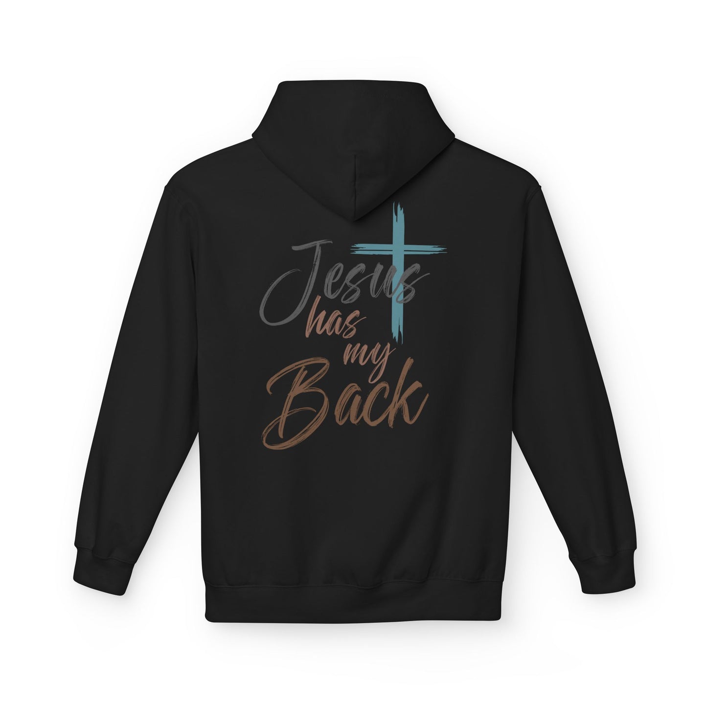 unisex Christian Hoodie — "Jesus Has My Back" Cross & Heart Faith Pullover