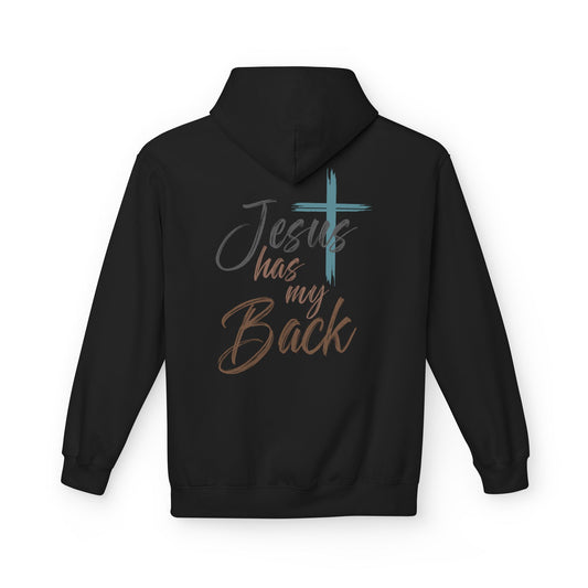 unisex Christian Hoodie — "Jesus Has My Back" Cross & Heart Faith Pullover