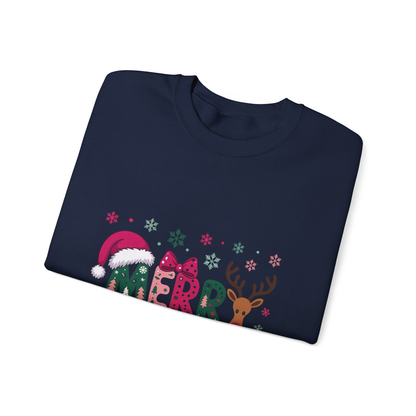 Christmas Crewneck Sweatshirt — Festive "Merry Christmas" Reindeer & Santa Hat Design