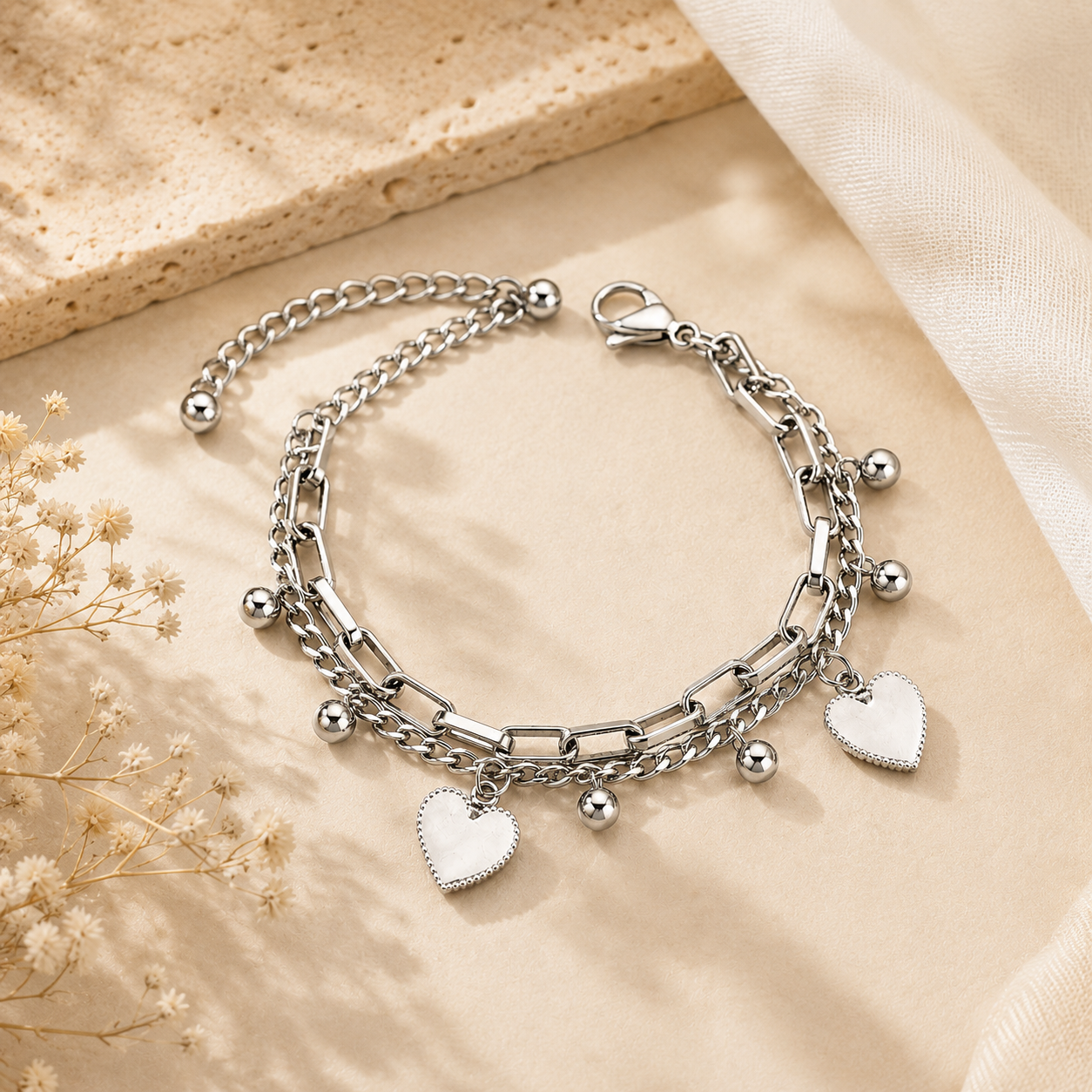 Pulsera Corazón Doble Capa Acero Inoxidable | Double Layer Heart Charm Bracelet for Women